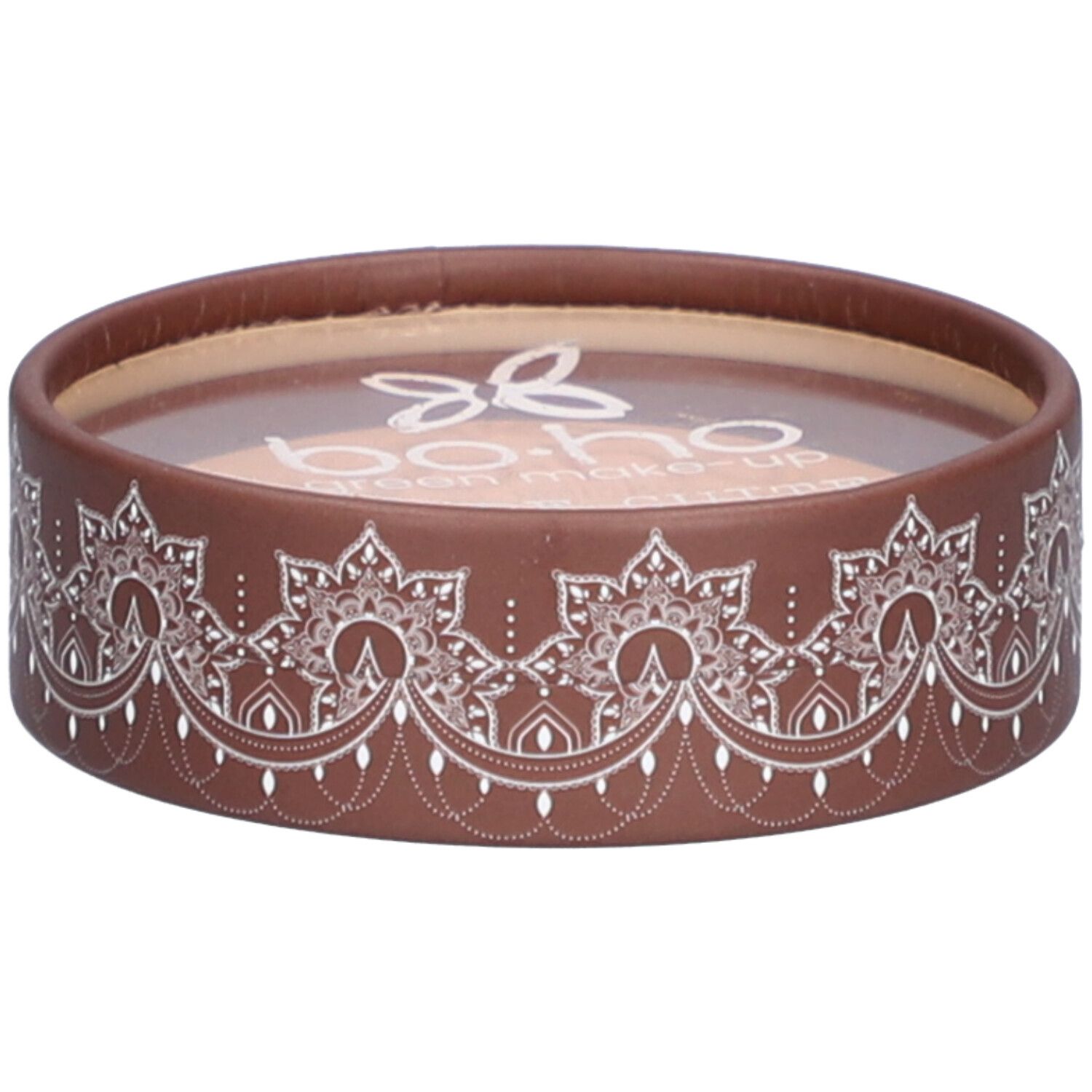 Emballage rond marron avec motif blanc. Dessus: logo et texte. Contenu visible à travers un couvercle transparent.