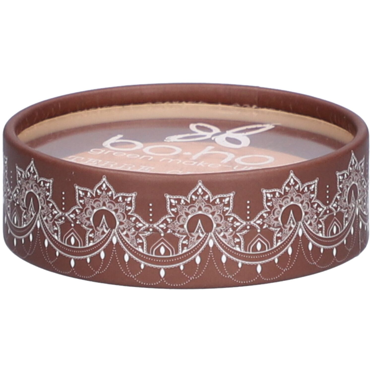 Emballage rond marron avec motif blanc. Dessus: logo et texte. Contenu visible à travers un couvercle transparent.