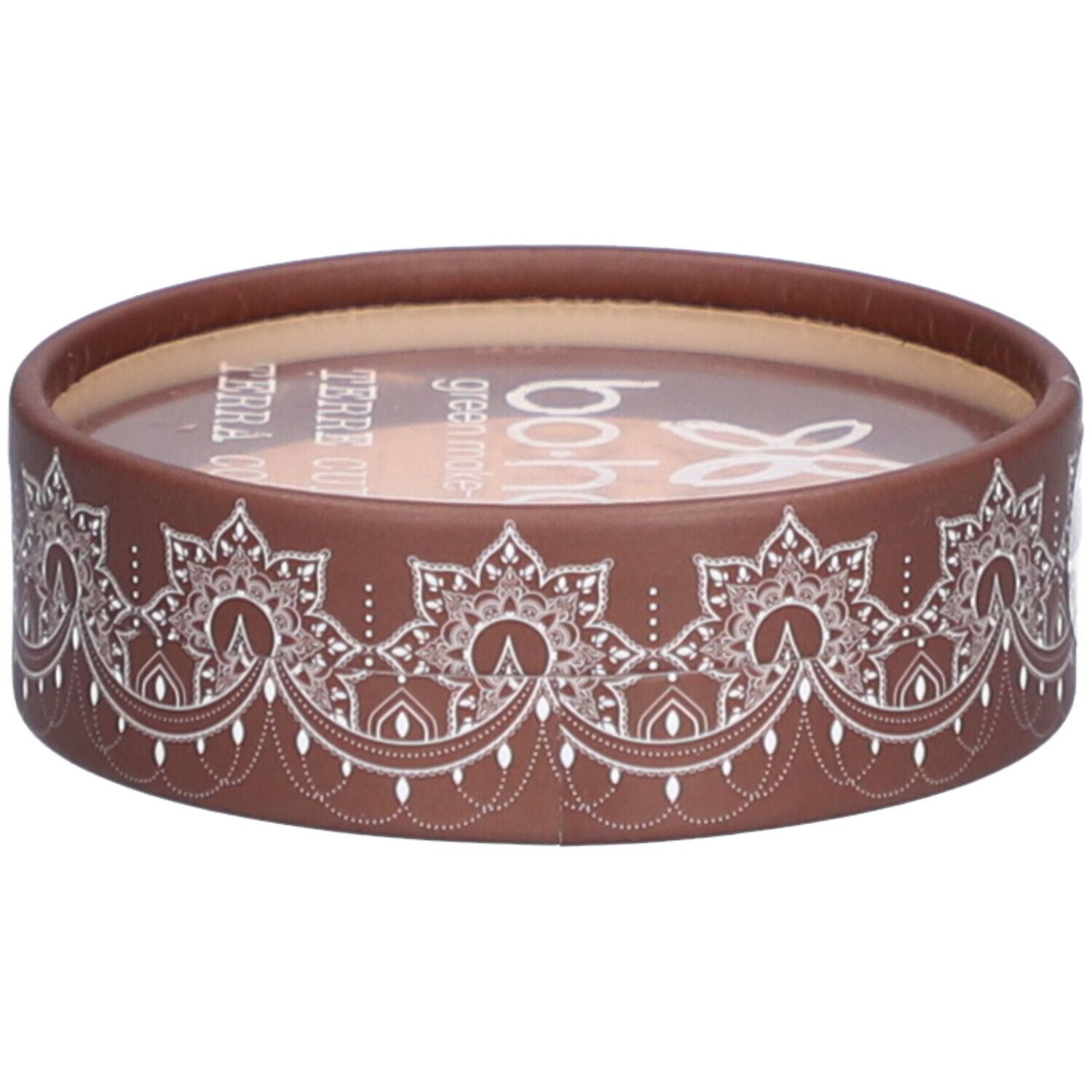 Emballage rond marron avec motif blanc. Dessus: logo et texte. Contenu visible à travers un couvercle transparent.