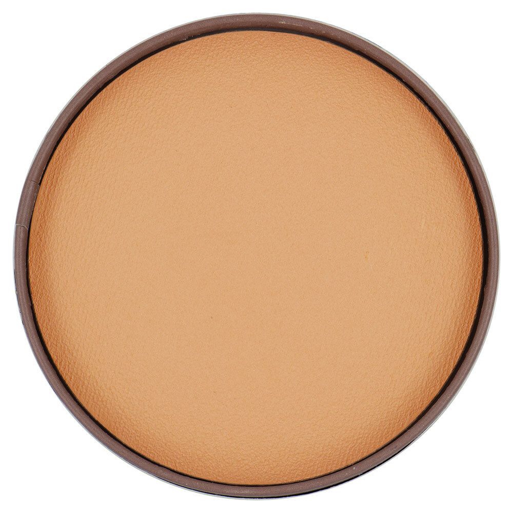 Runde, braune Dose mit hellem Puder. Puder hat eine glatte Oberfläche und ist hellbraun.
