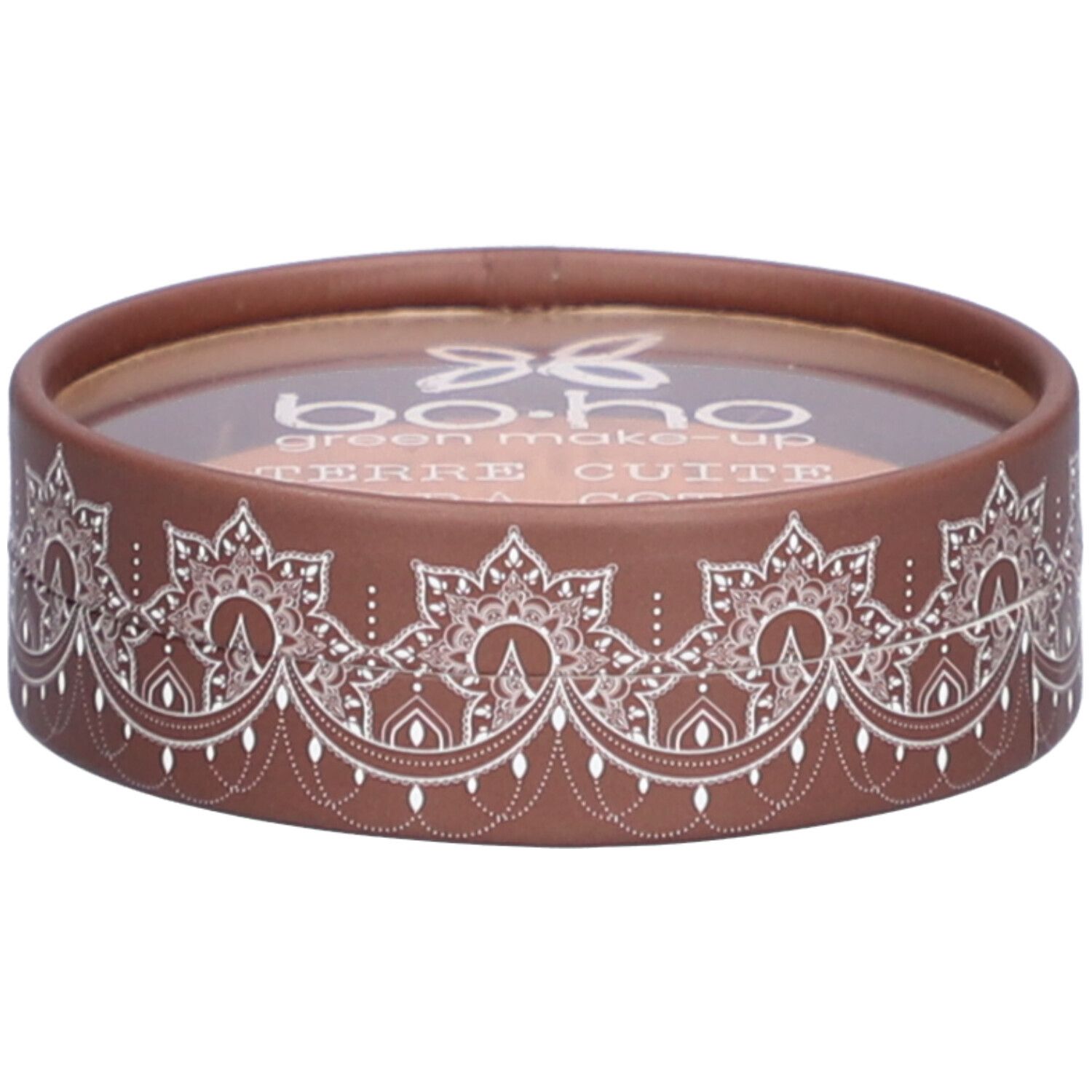 Emballage rond marron avec motif blanc. Couvercle transparent. Inscription: BOHO, Terre Cuite.