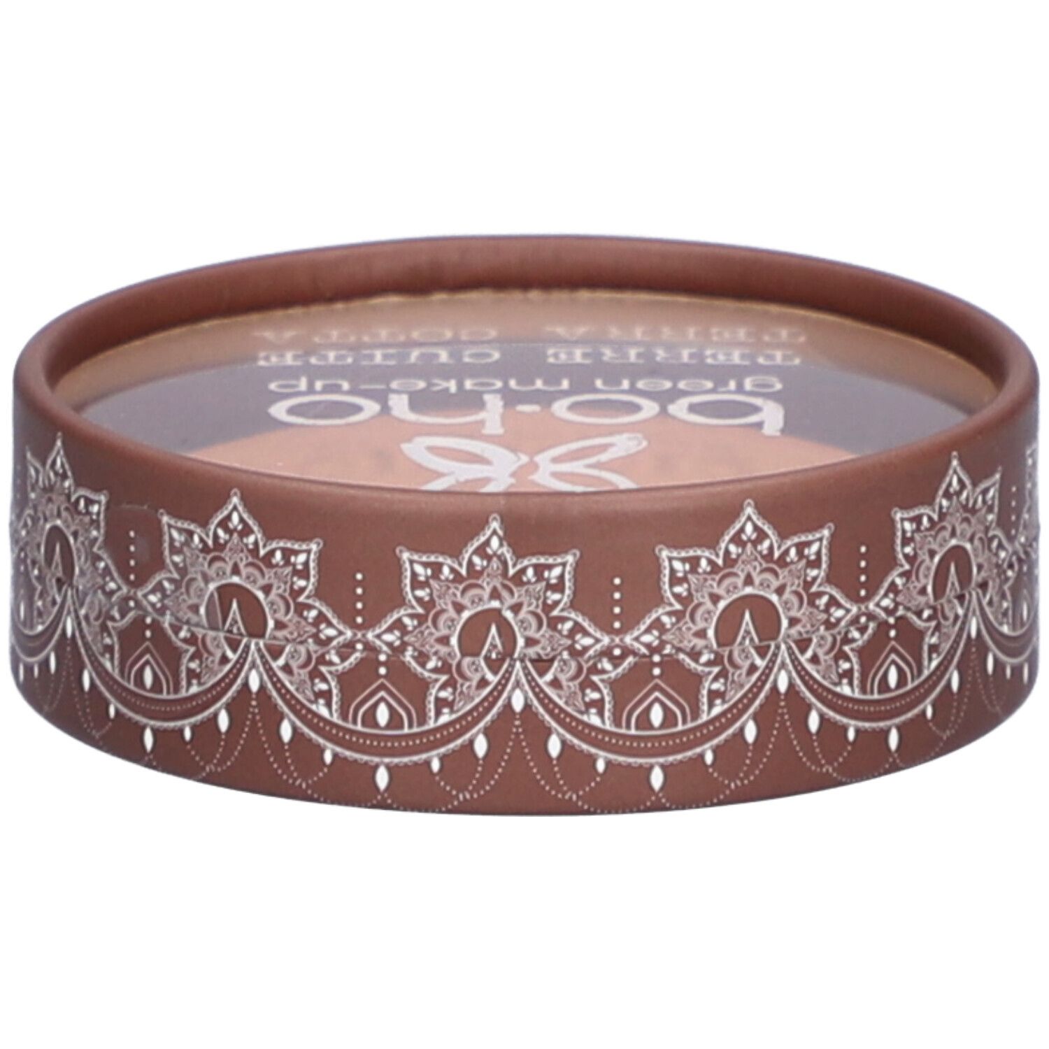 Emballage rond marron avec motif blanc. Couvercle transparent. Inscription: BOHO, Terre Cuite.