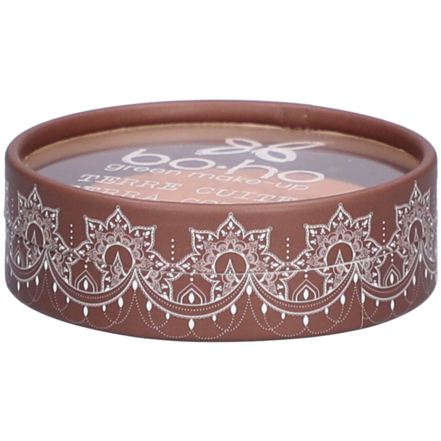 Emballage rond marron avec motif blanc. Couvercle transparent. Inscription: BOHO, Terre Cuite.