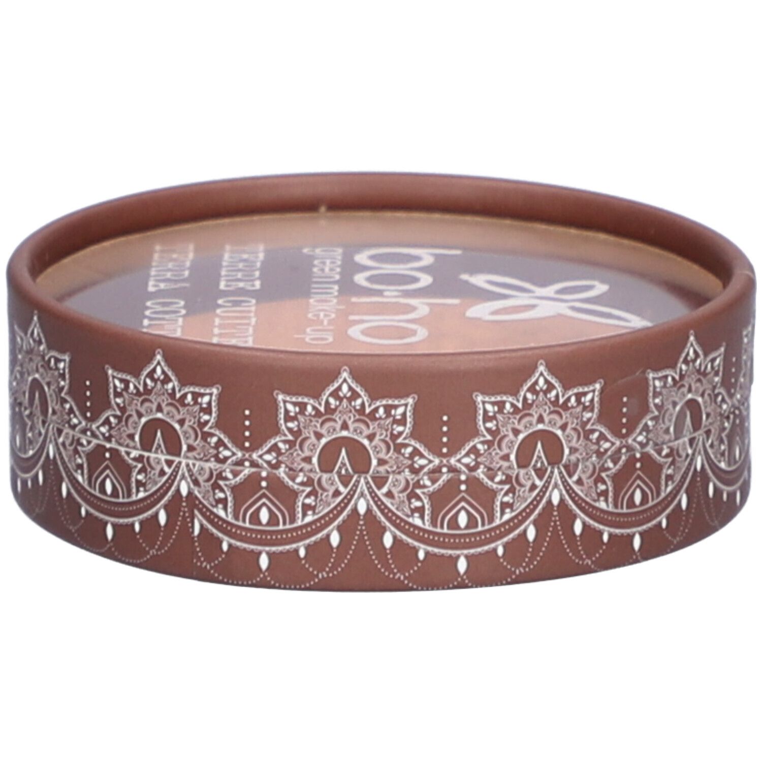 Emballage rond marron avec motif blanc. Couvercle transparent. Inscription: BOHO, Terre Cuite.