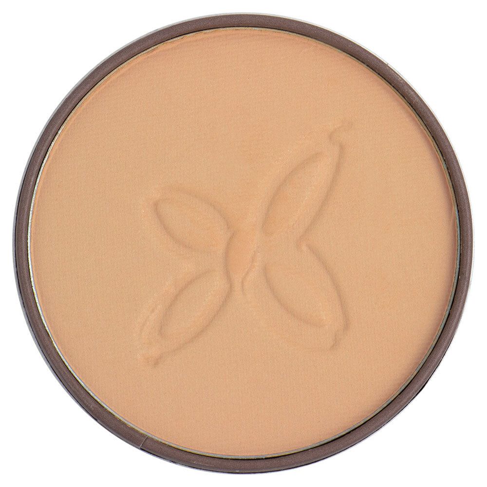 Beige Kompaktpuder in runder Dose. Oberfläche mit geprägtem Schmetterlingsmuster. Brauner Rand.