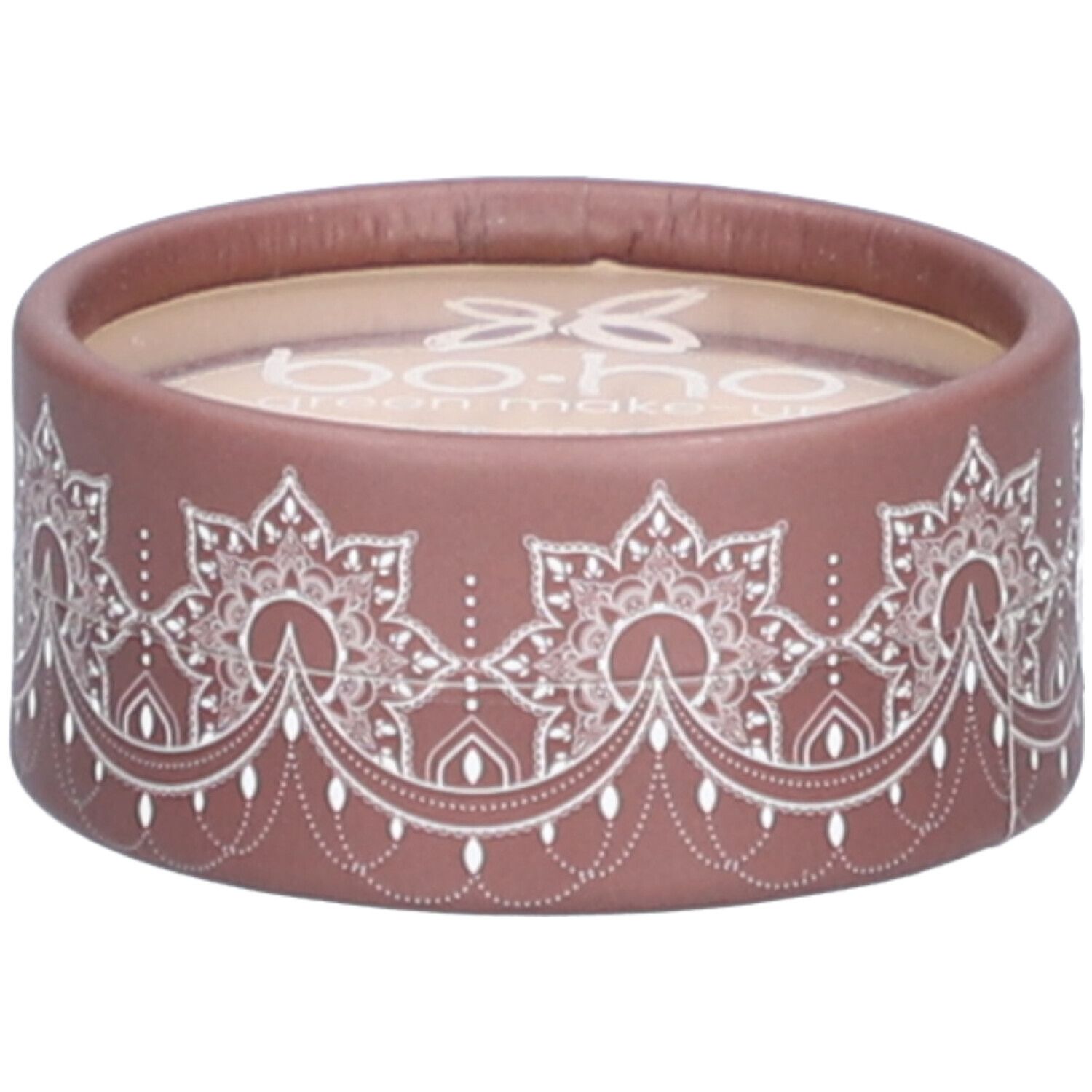 Boîte ronde rose-brun avec motif floral blanc. Nom de la marque visible en haut. Couvercle transparent.