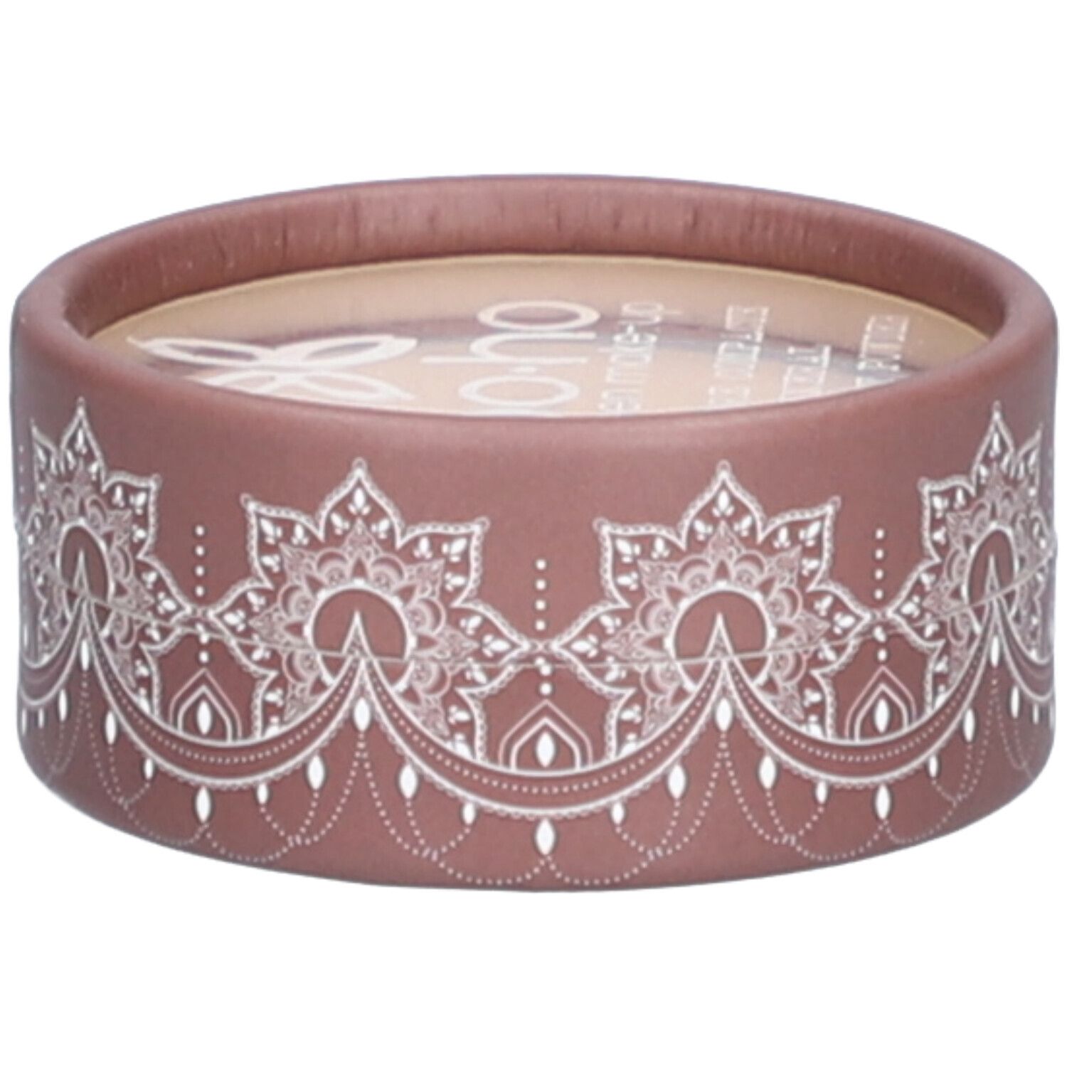 Boîte ronde rose-brun avec motif floral blanc. Nom de la marque visible en haut. Couvercle transparent.