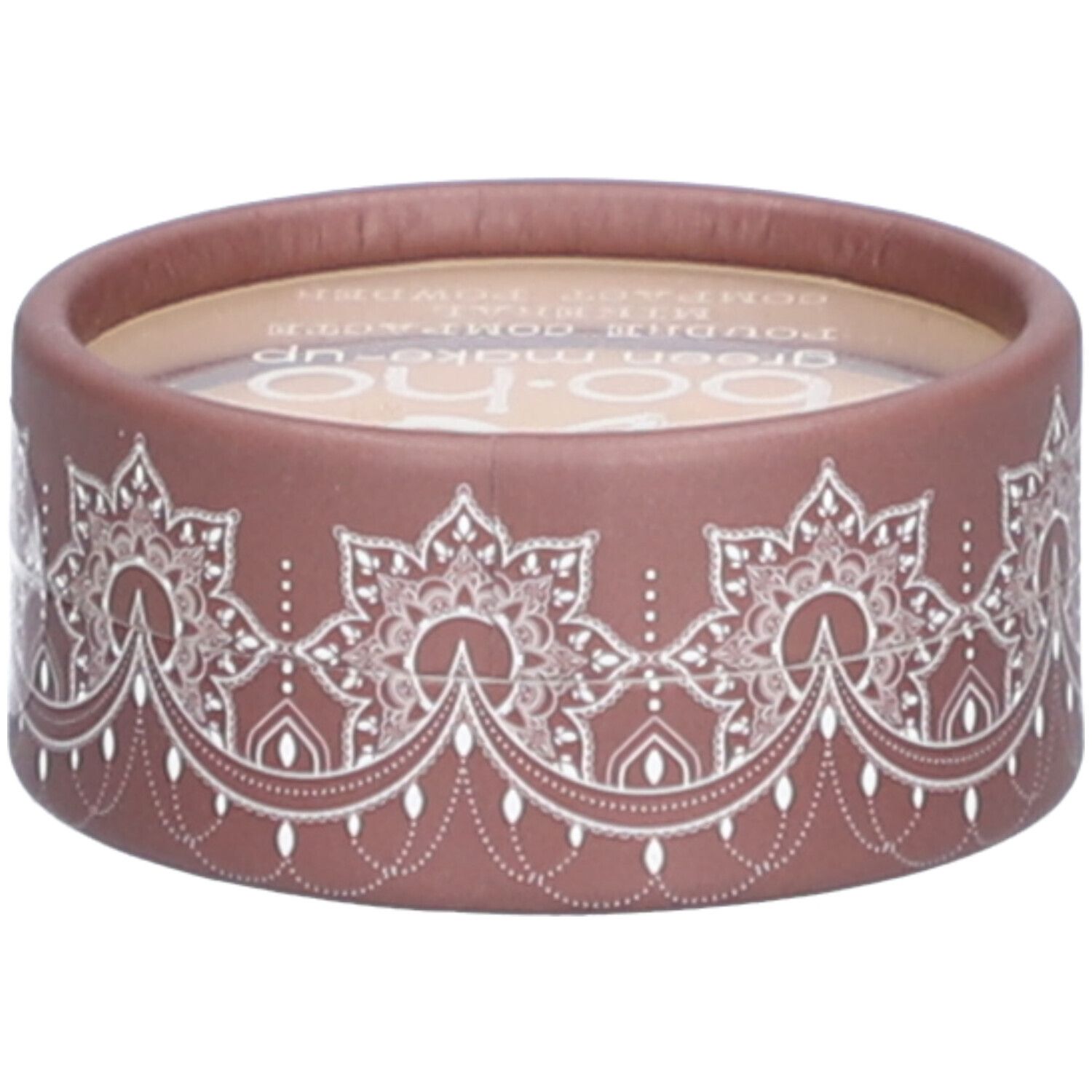 Boîte ronde rose-brun avec motif floral blanc. Nom de la marque visible en haut. Couvercle transparent.