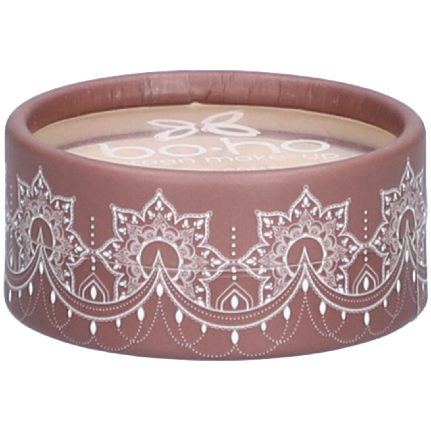Boîte ronde rose-brun avec motif floral blanc. Nom de la marque visible en haut. Couvercle transparent.
