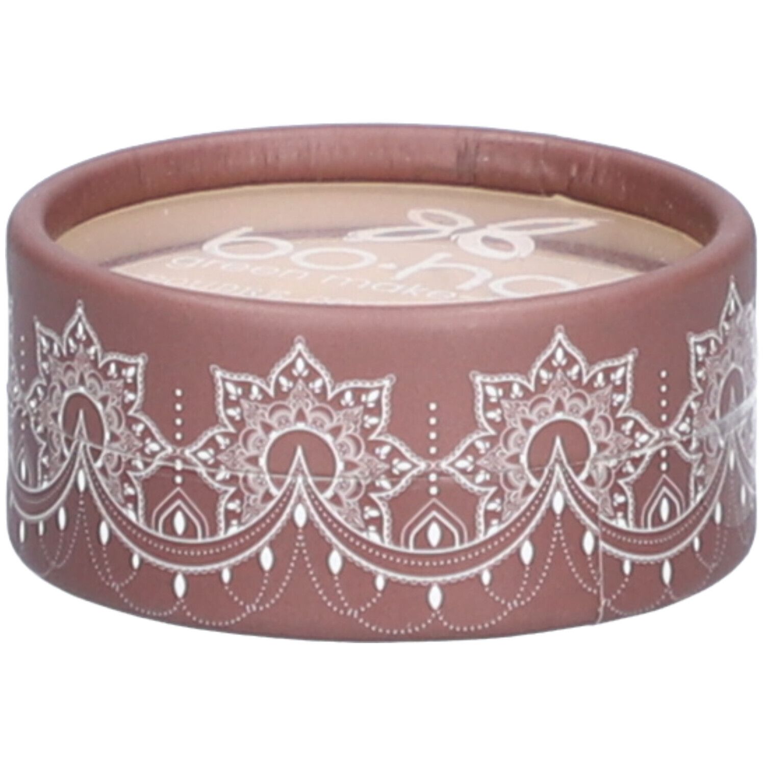 Boîte ronde rose-brun avec motif floral blanc. Nom de la marque visible en haut. Couvercle transparent.