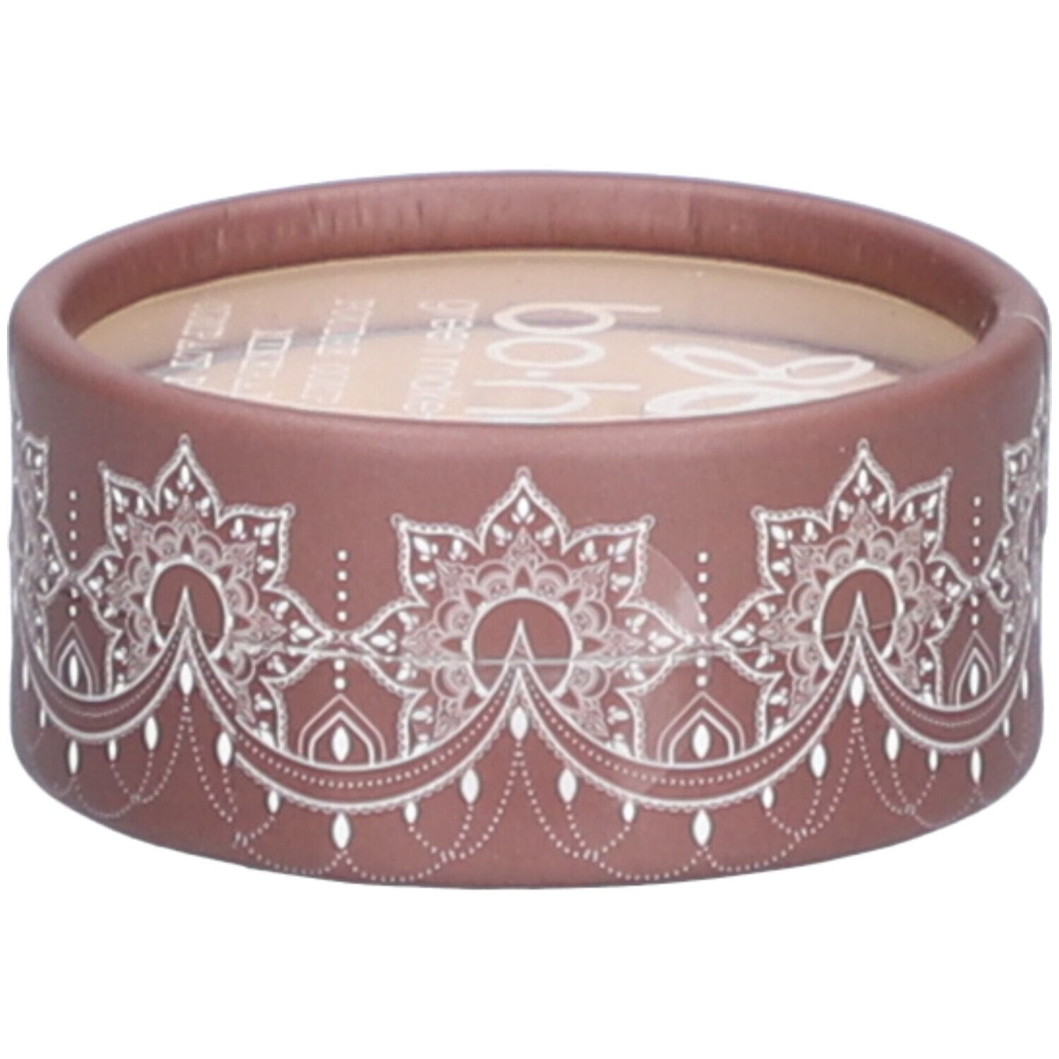 Boîte ronde rose-brun avec motif floral blanc. Nom de la marque visible en haut. Couvercle transparent.