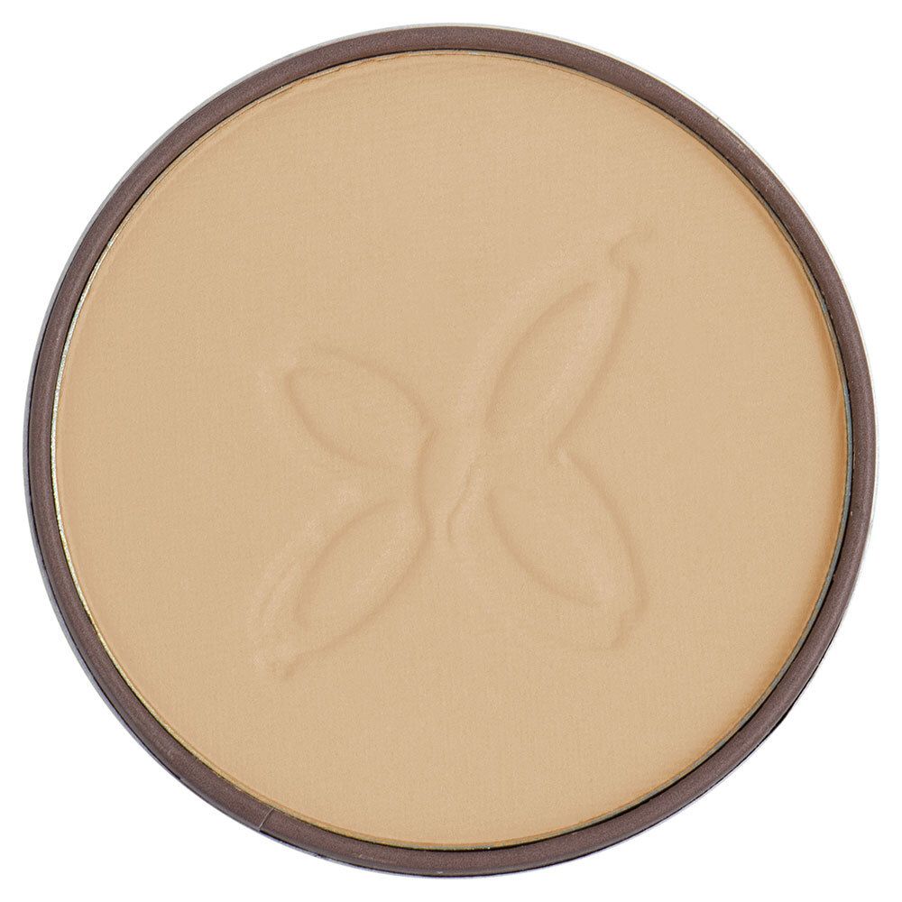 Goldbeige Kompaktpuder in runder Dose. Oberfläche mit geprägtem Muster. Brauner Rand.