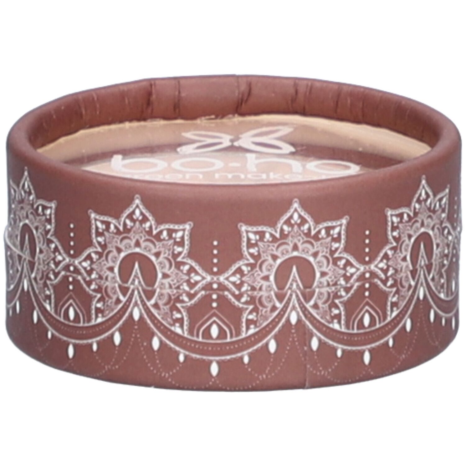 Emballage rond marron avec motif blanc. Nom de la marque visible en haut. Couvercle transparent.