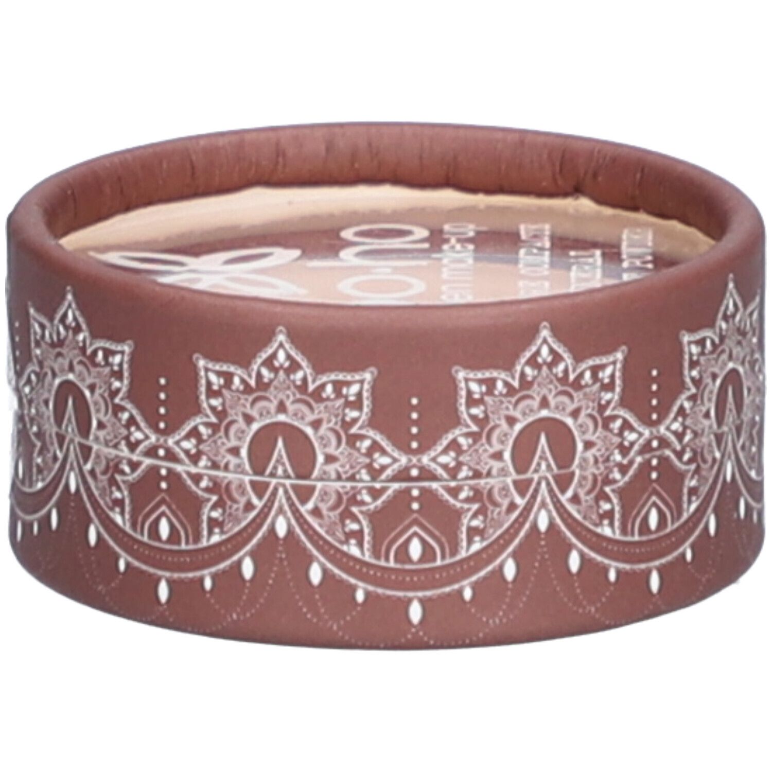 Emballage rond marron avec motif blanc. Nom de la marque visible en haut. Couvercle transparent.