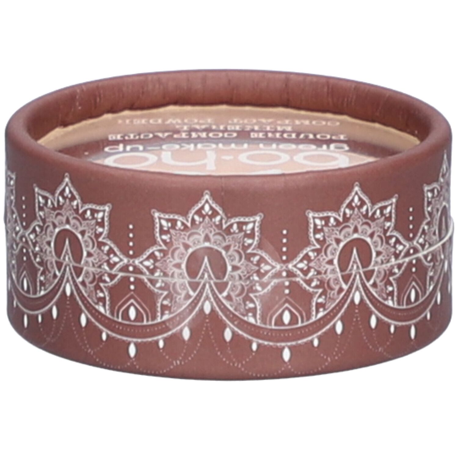 Emballage rond marron avec motif blanc. Nom de la marque visible en haut. Couvercle transparent.