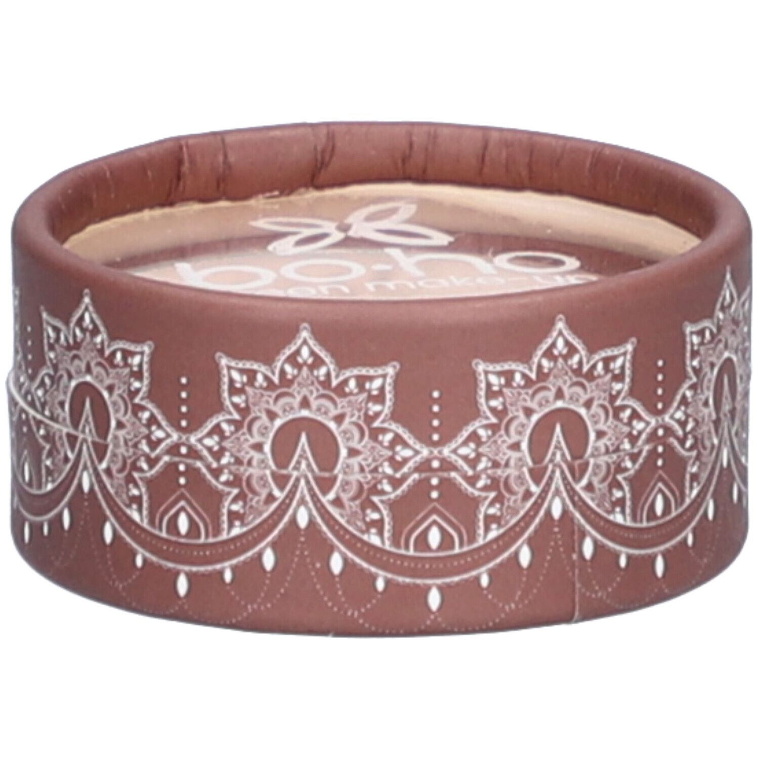 Emballage rond marron avec motif blanc. Nom de la marque visible en haut. Couvercle transparent.