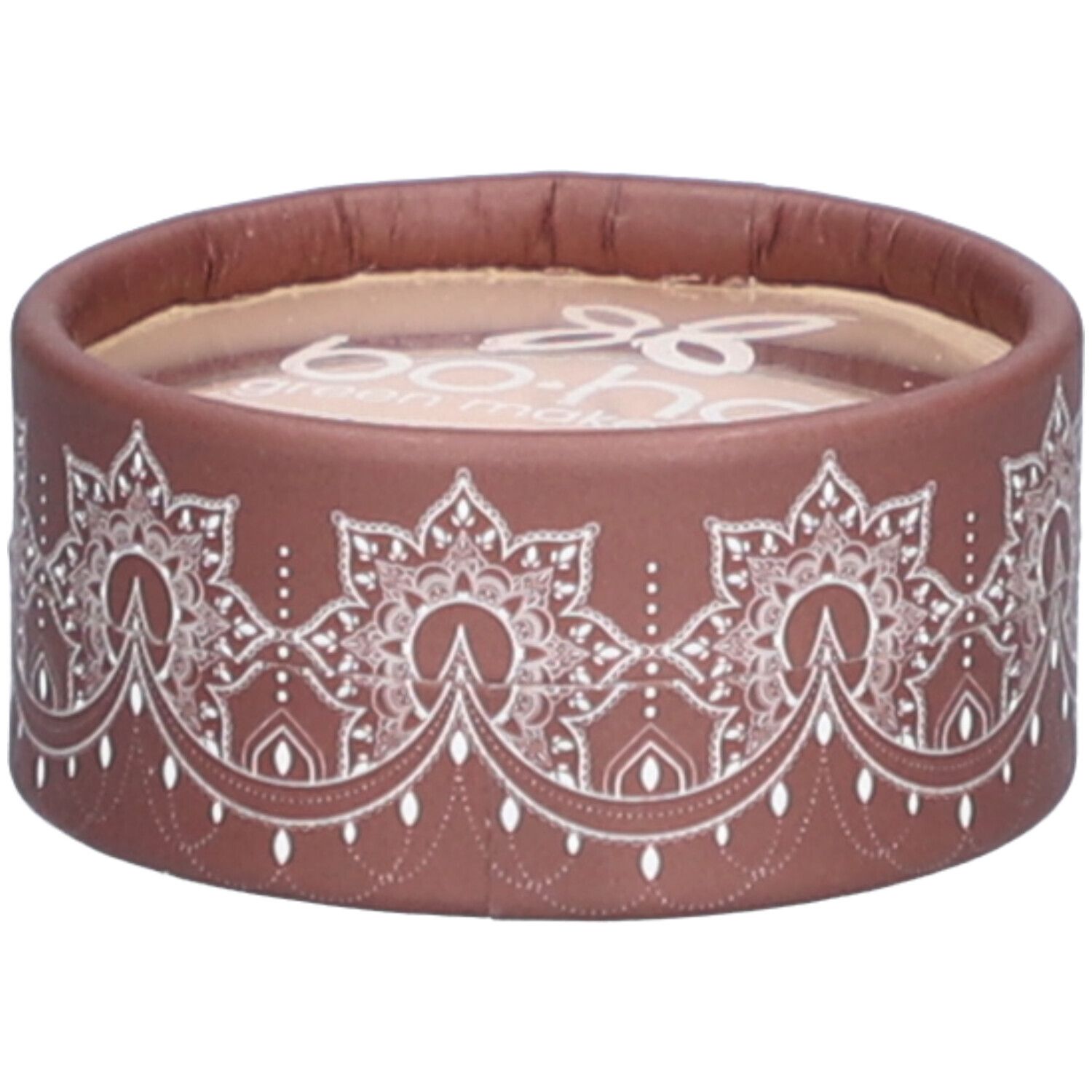 Emballage rond marron avec motif blanc. Nom de la marque visible en haut. Couvercle transparent.