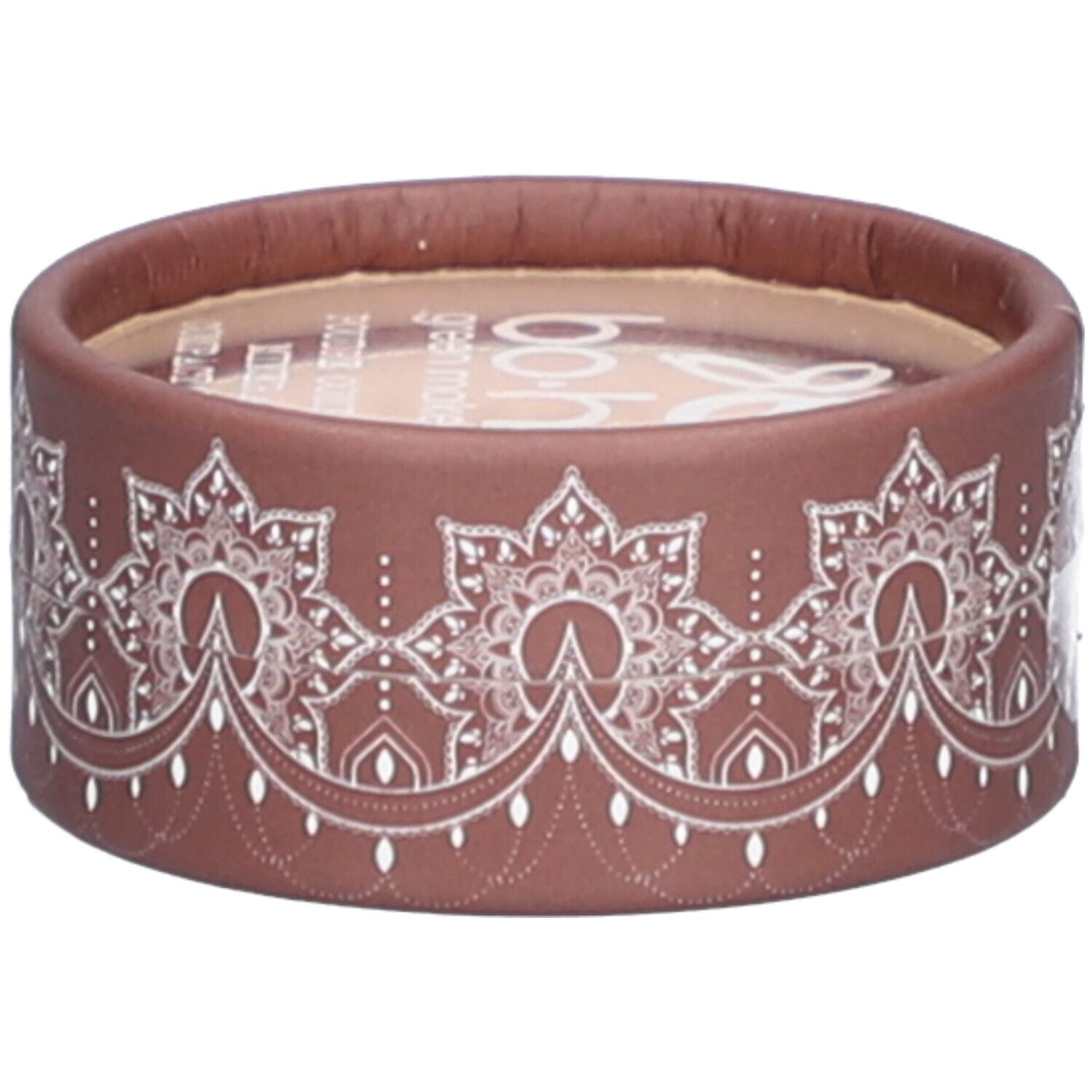 Emballage rond marron avec motif blanc. Nom de la marque visible en haut. Couvercle transparent.