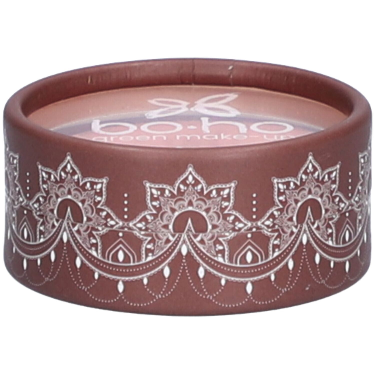 Contenant rond avec contenu rose. Emballage marron avec motif blanc et logo. Texte: bo-ho green make-up.