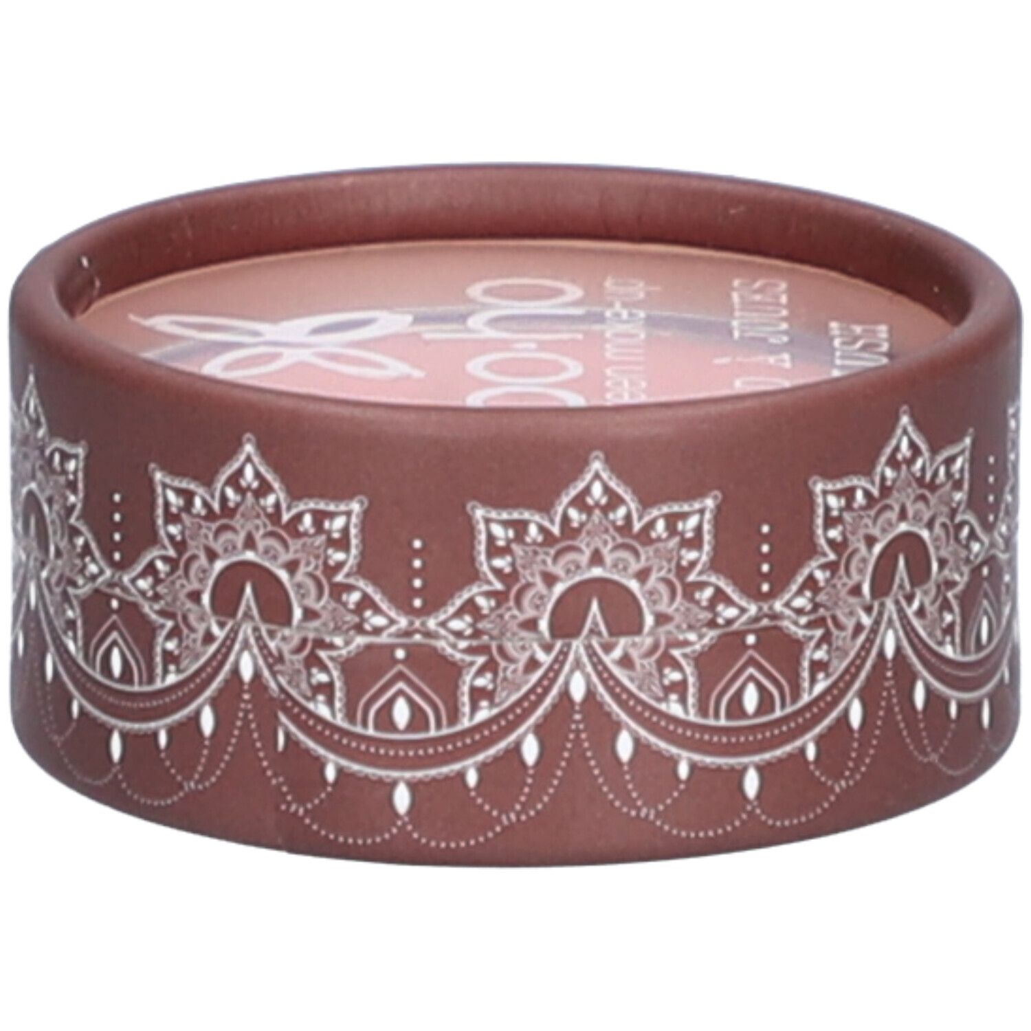 Contenant rond avec contenu rose. Emballage marron avec motif blanc et logo. Texte: bo-ho green make-up.