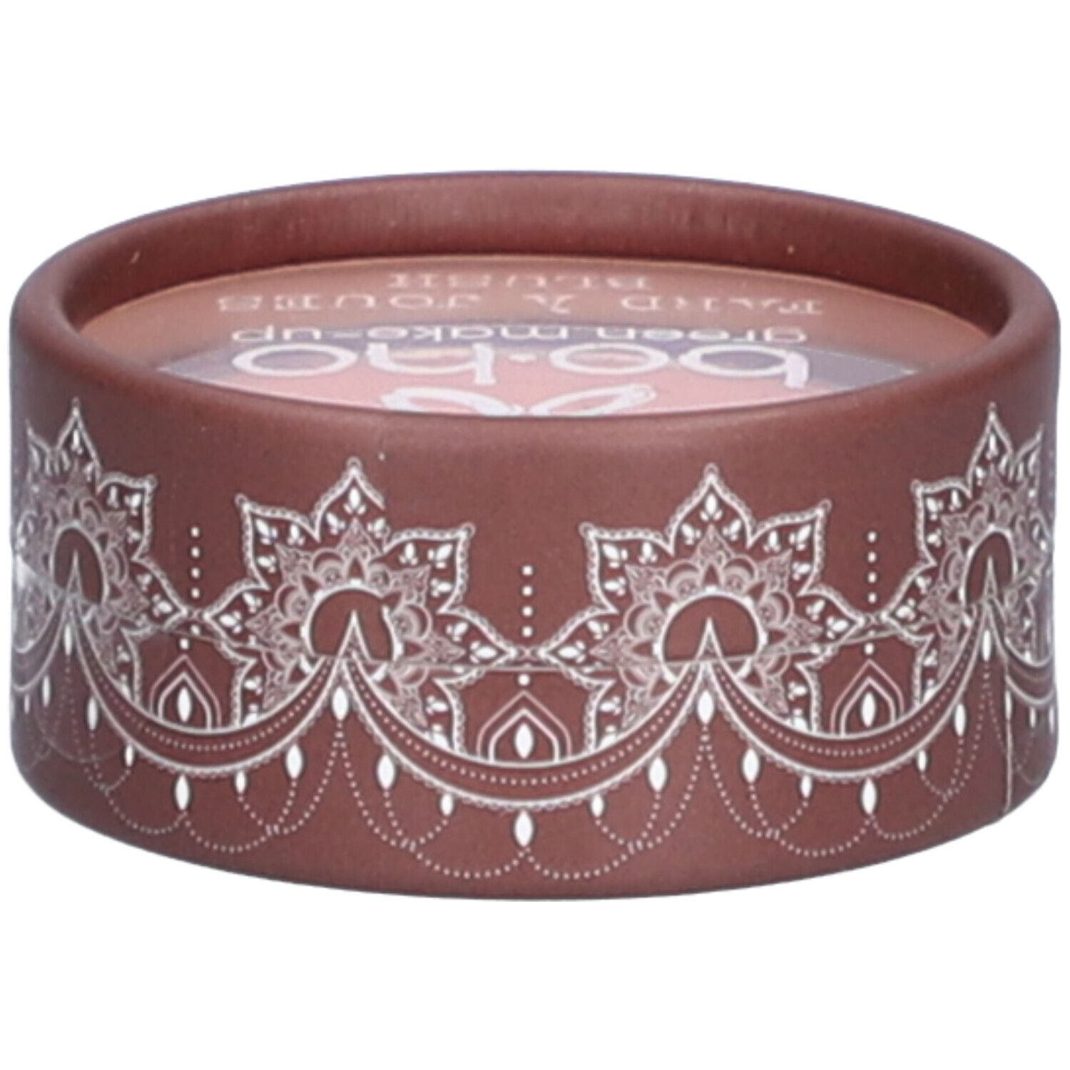 Contenant rond avec contenu rose. Emballage marron avec motif blanc et logo. Texte: bo-ho green make-up.