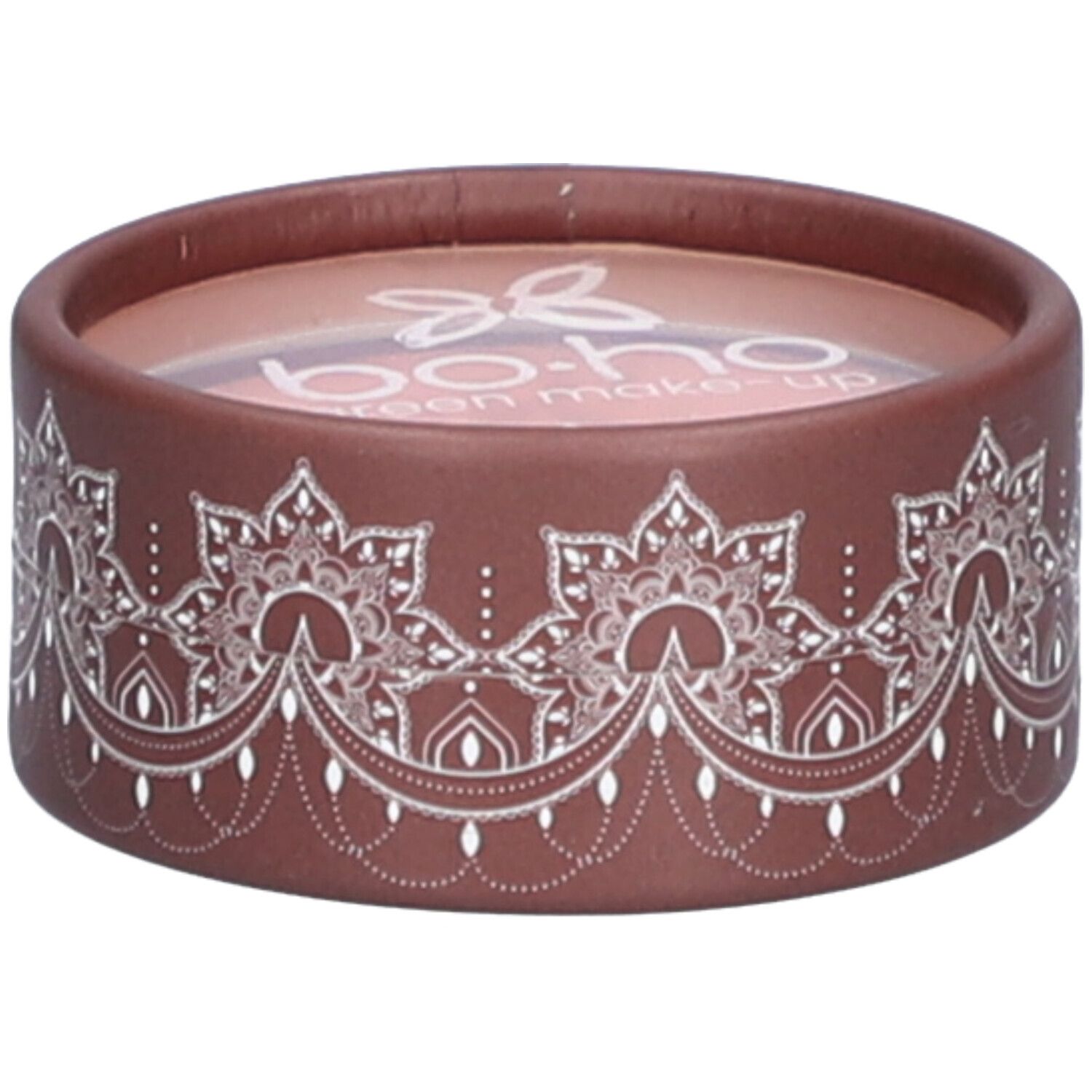 Contenant rond avec contenu rose. Emballage marron avec motif blanc et logo. Texte: bo-ho green make-up.