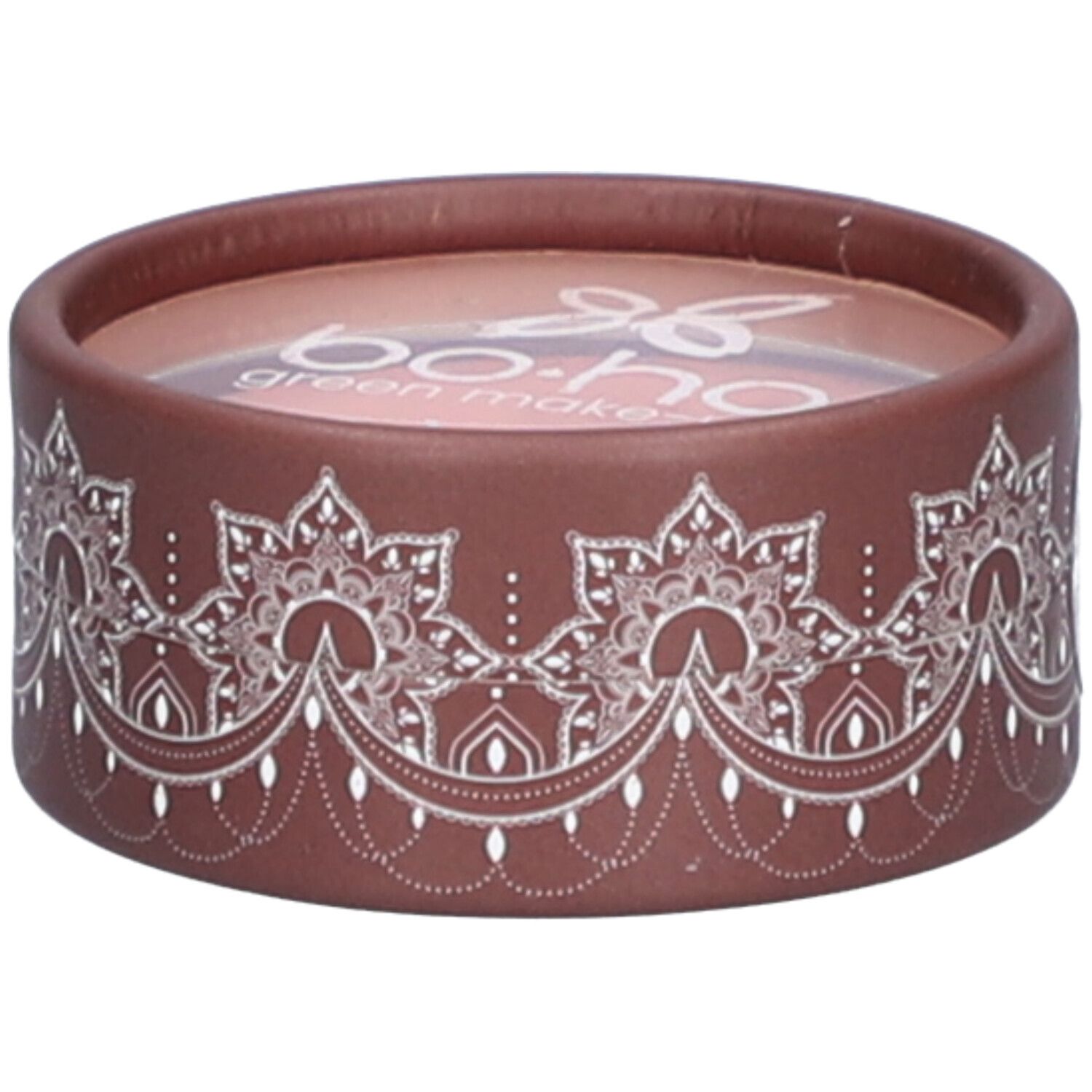 Contenant rond avec contenu rose. Emballage marron avec motif blanc et logo. Texte: bo-ho green make-up.