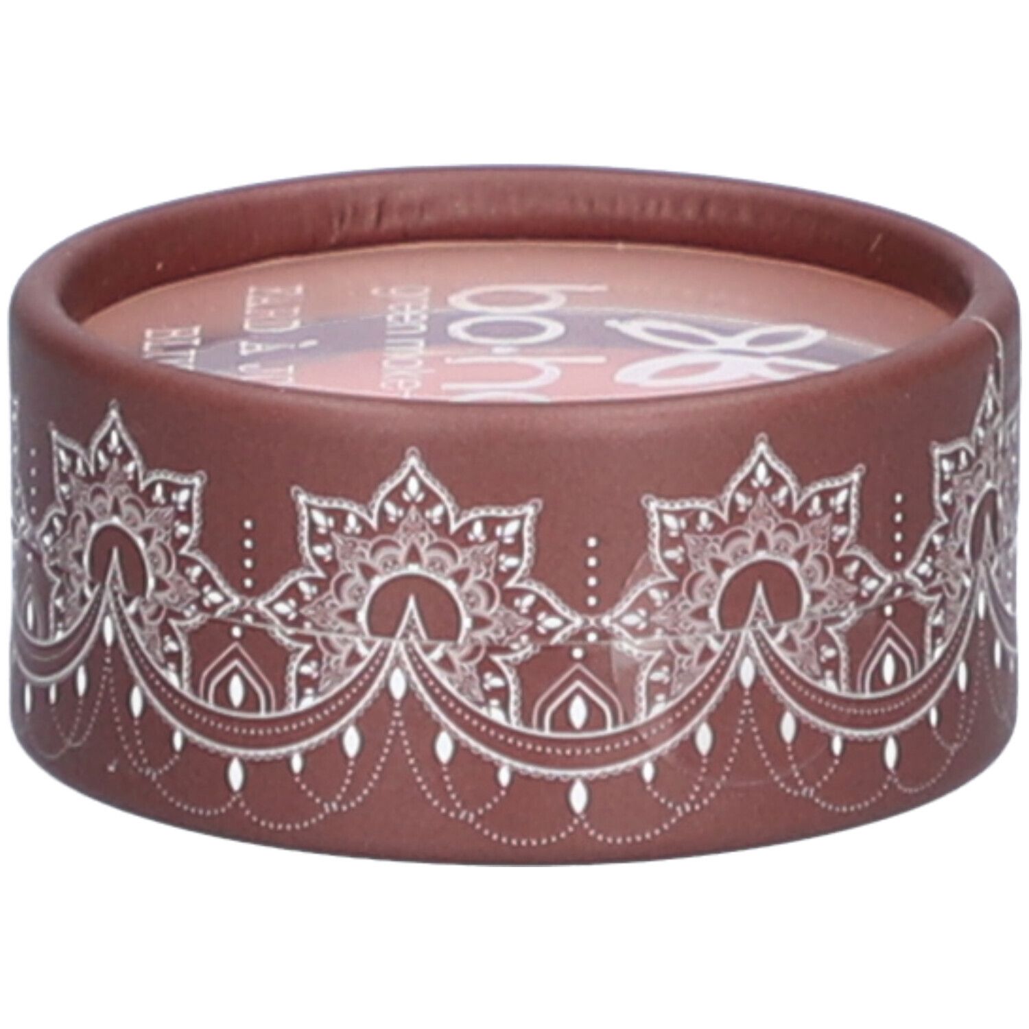 Contenant rond avec contenu rose. Emballage marron avec motif blanc et logo. Texte: bo-ho green make-up.