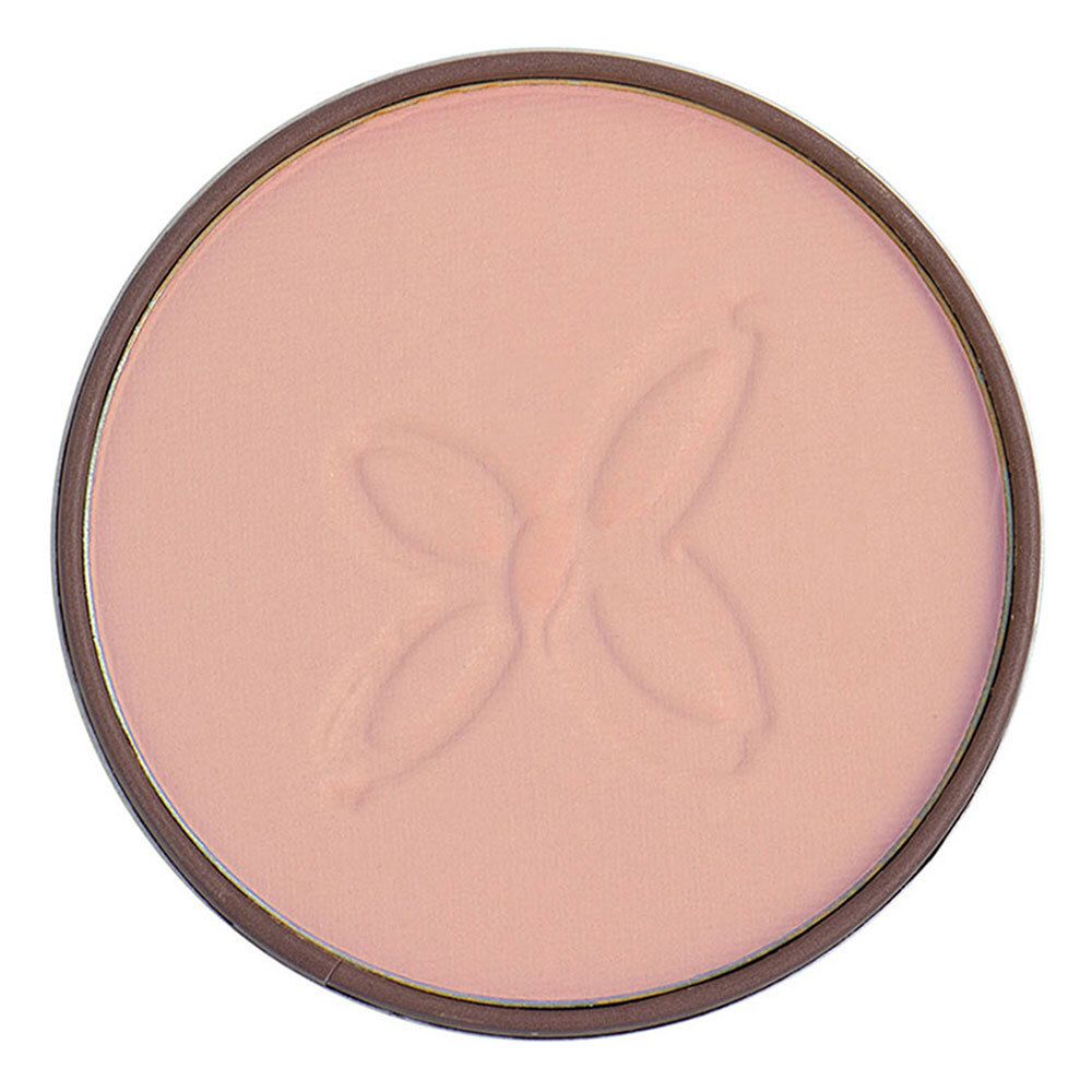 Runder Wangenschminke-Tiegel. Rosa Puder mit Schmetterlingsprägung. Brauner Rand.
