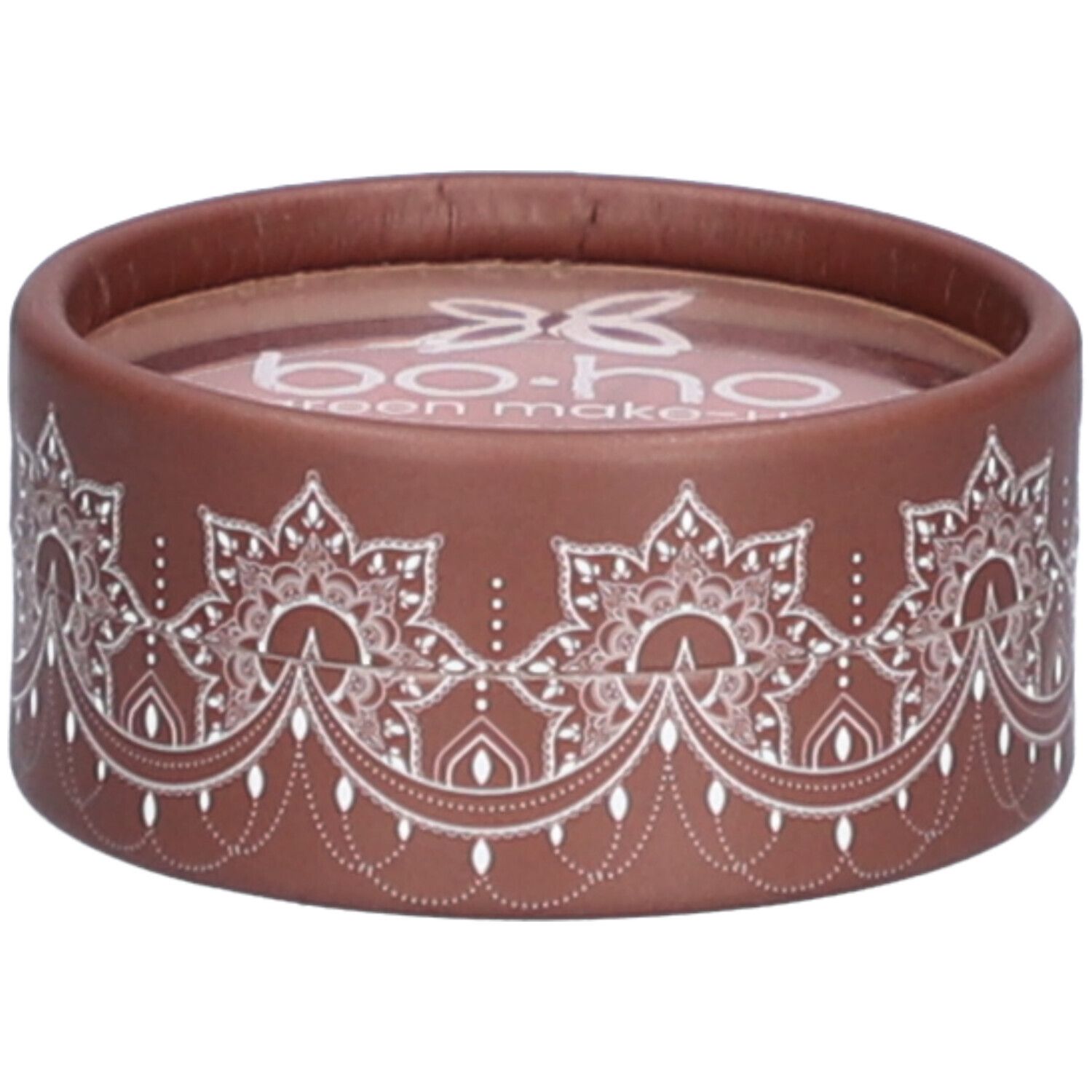 Emballage rond marron avec motif blanc. Texte: "bo-ho green make-up".