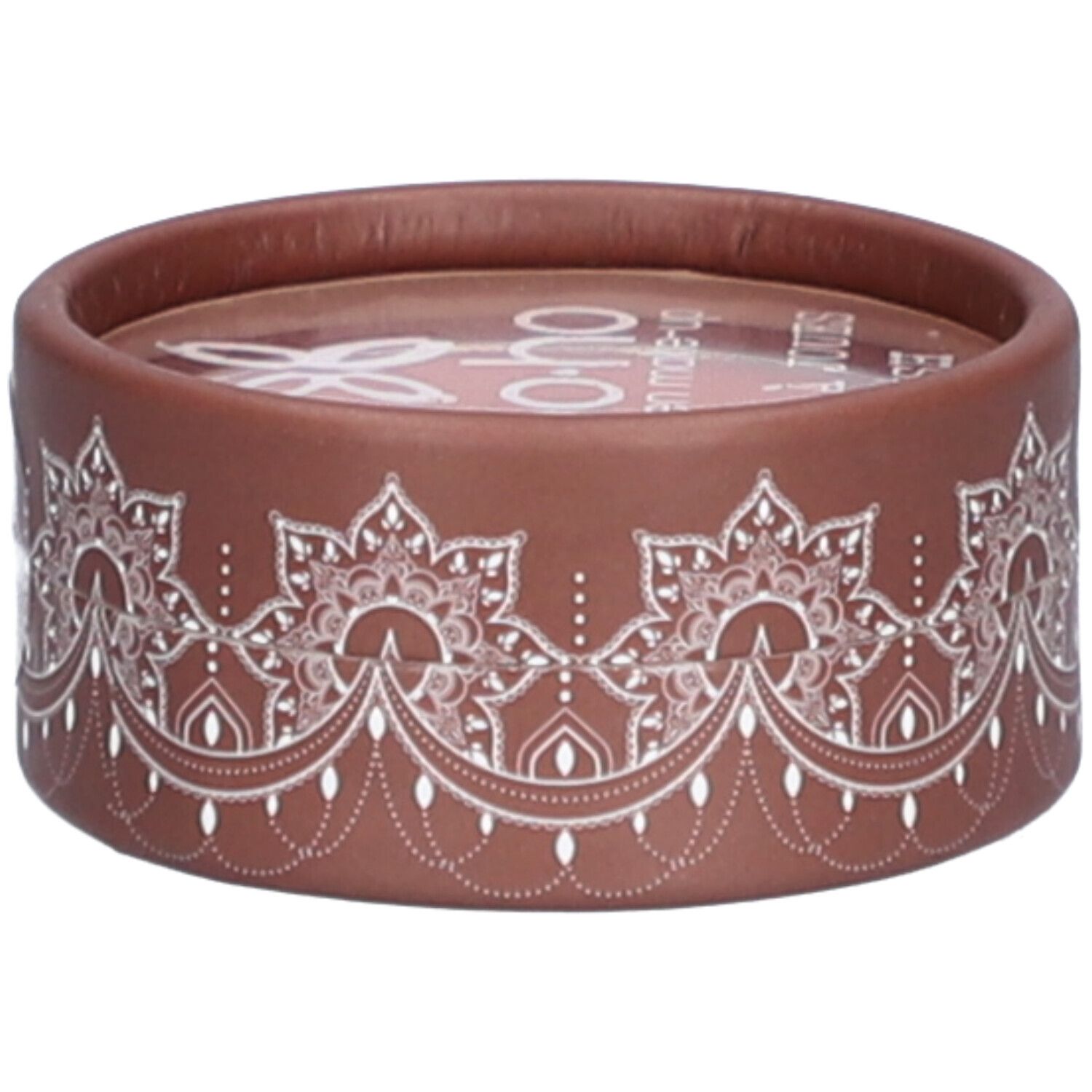 Emballage rond marron avec motif blanc. Texte: "bo-ho green make-up".