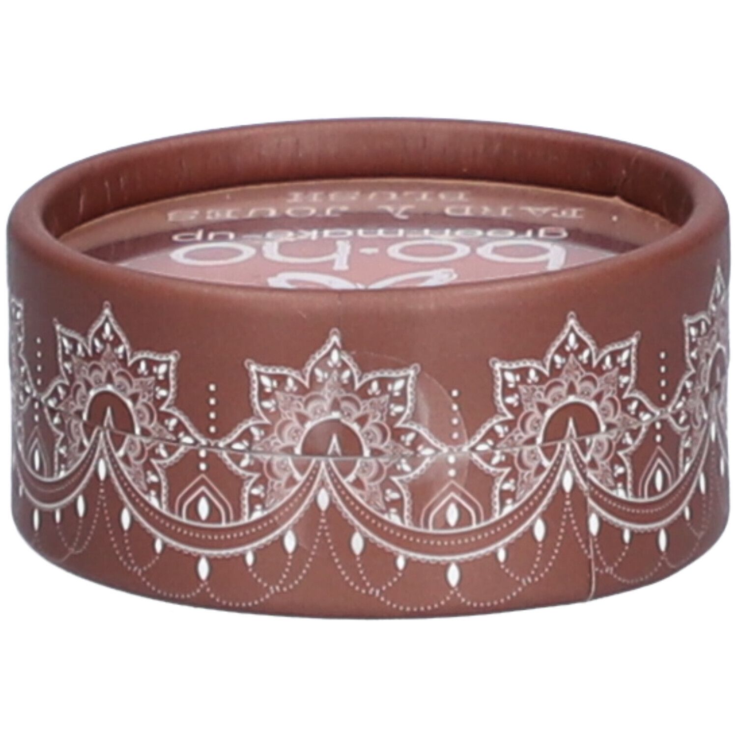 Emballage rond marron avec motif blanc. Texte: "bo-ho green make-up".