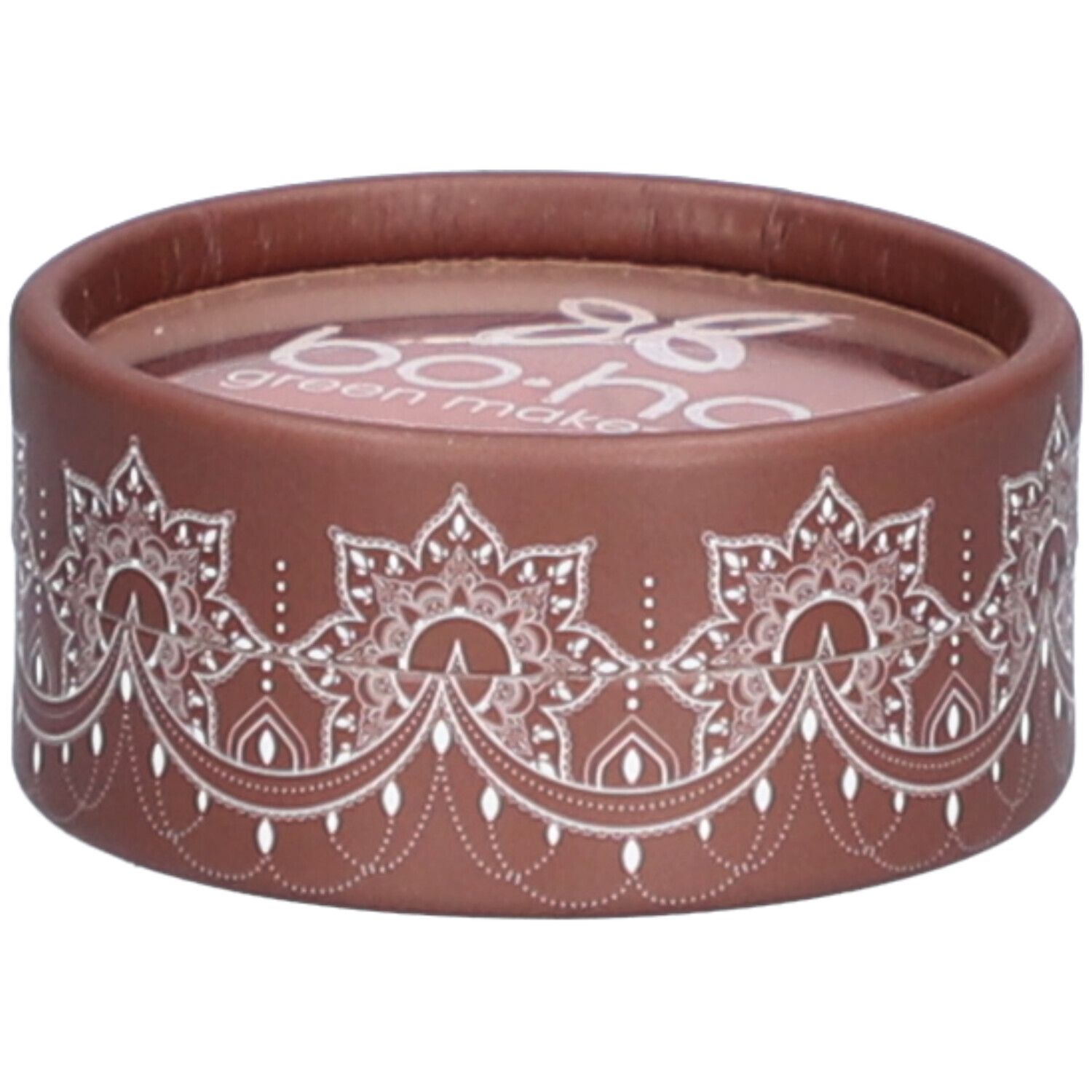 Emballage rond marron avec motif blanc. Texte: "bo-ho green make-up".