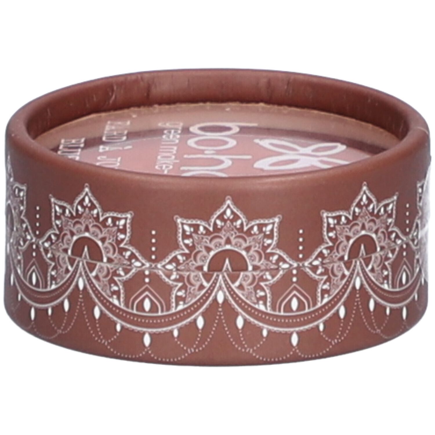 Emballage rond marron avec motif blanc. Texte: "bo-ho green make-up".