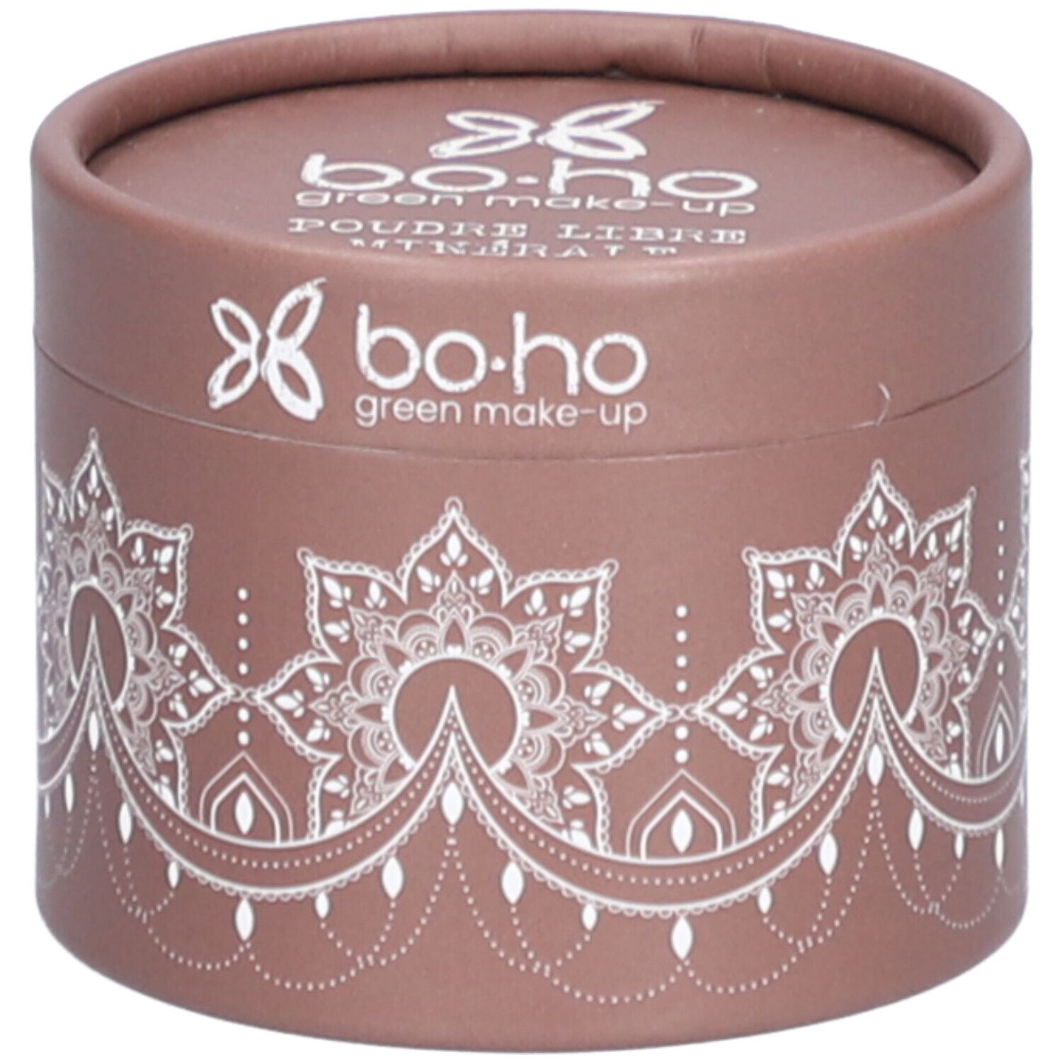 Boîte ronde marron avec motifs blancs et texte. Couvercle avec logo et texte. Nom du produit non visible.