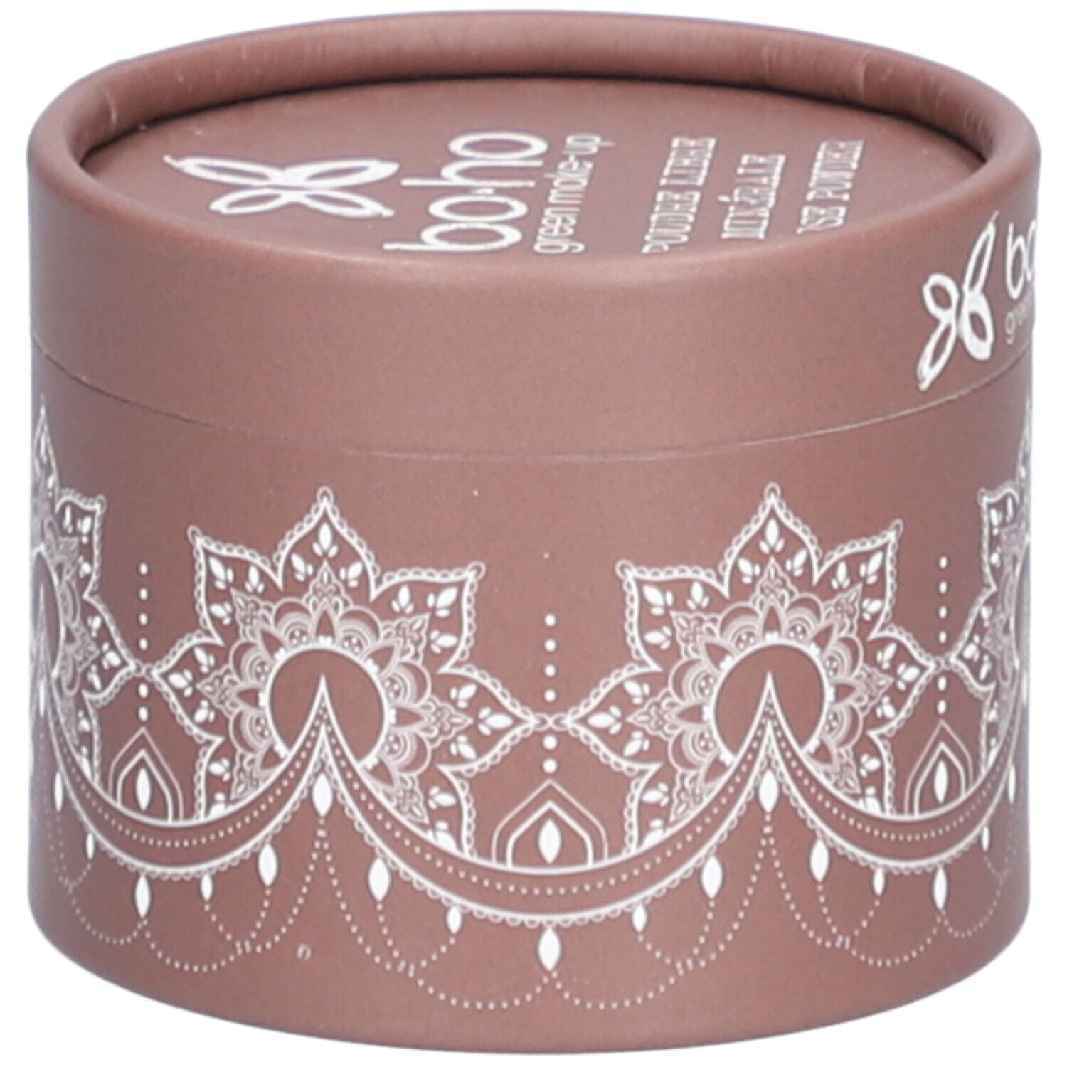 Boîte ronde marron avec motifs blancs et texte. Couvercle avec logo et texte. Nom du produit non visible.
