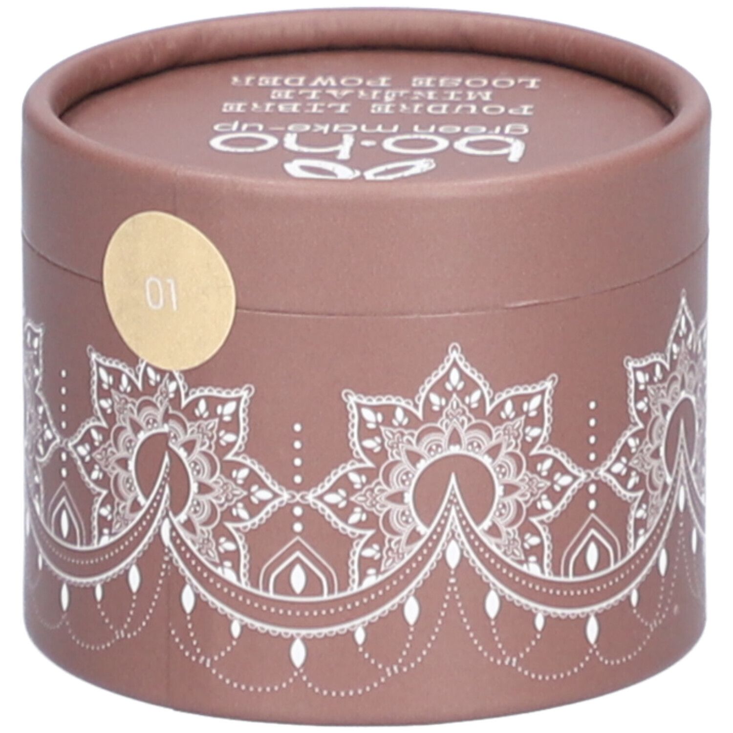Boîte ronde marron avec motifs blancs et texte. Autocollant avec le chiffre 01. Couvercle avec logo et texte.