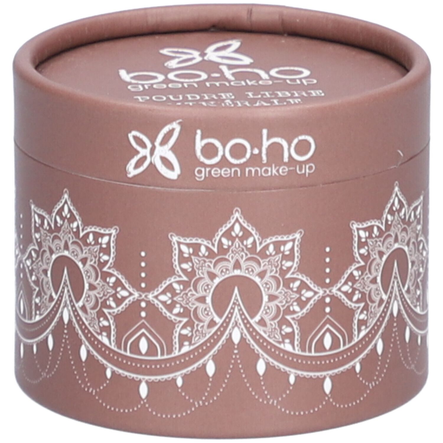 Boîte ronde marron avec motifs blancs et texte. Couvercle avec logo et texte. Nom du produit non visible.