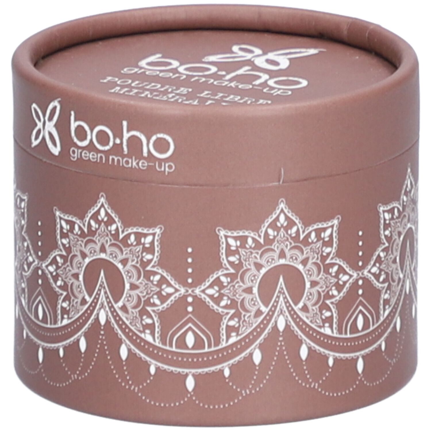 Boîte ronde marron avec motifs blancs et texte. Couvercle avec logo et texte. Nom du produit non visible.