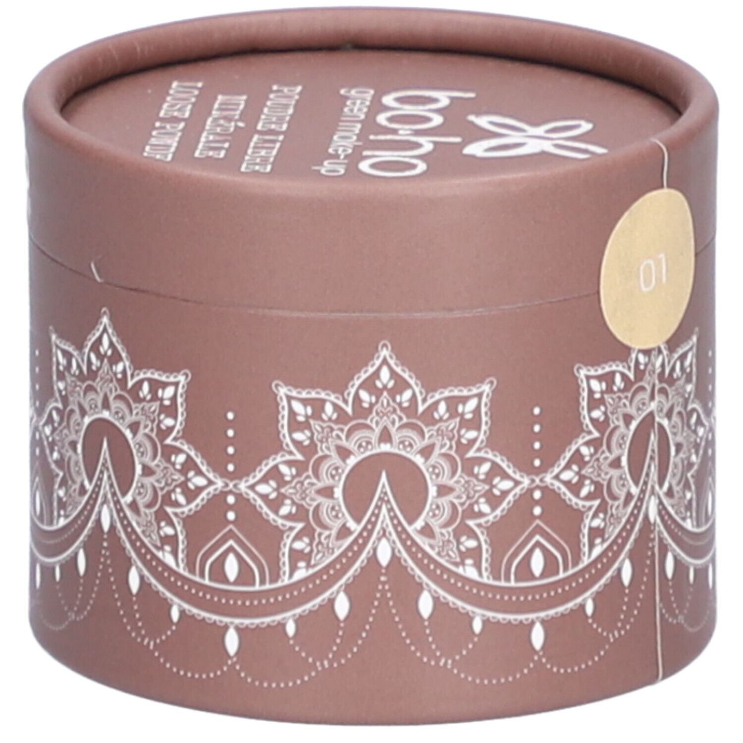 Boîte ronde marron avec motifs blancs et texte. Autocollant avec le chiffre 01. Couvercle avec logo et texte.