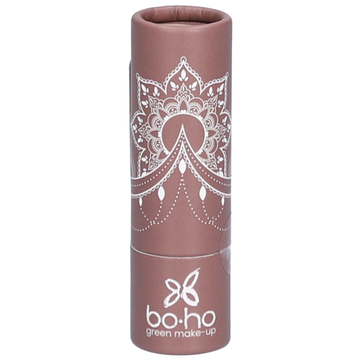 Emballage cylindrique avec motif mandala blanc. Logo bo-ho green make-up en bas.
