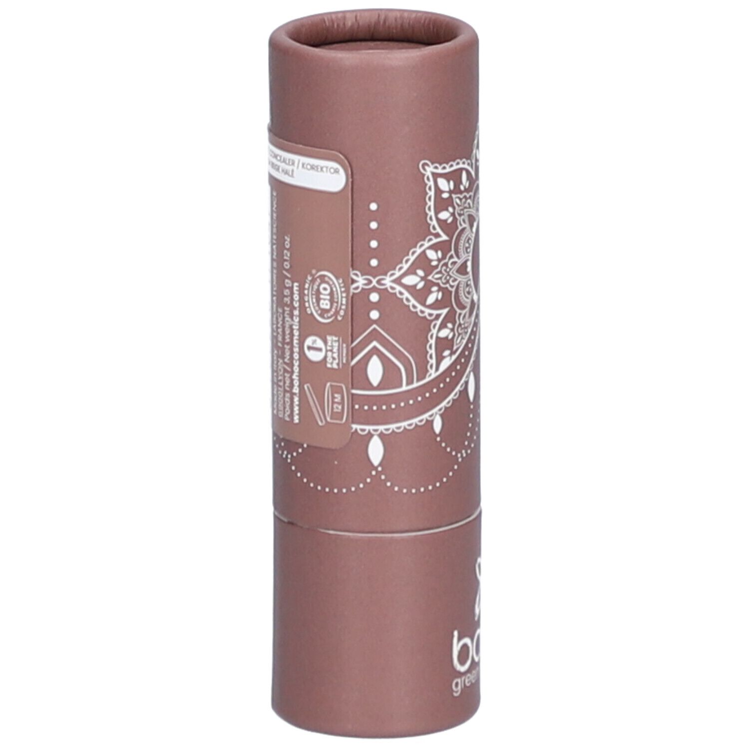 Emballage cylindrique avec étiquette. Texte: BIO, ingrédients, fabricant. Motif mandala.