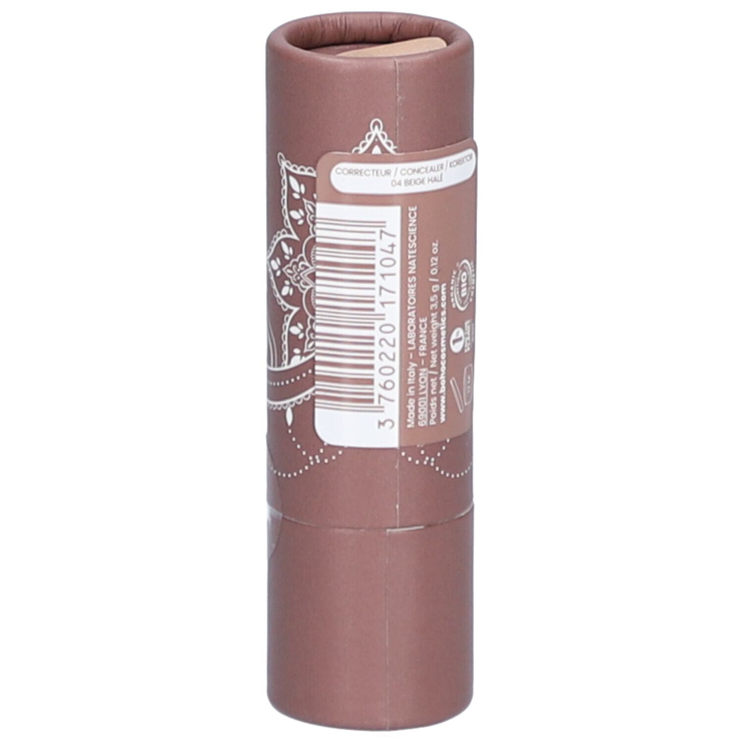 Emballage cylindrique avec code-barres et texte: CORRECTEUR, CONCEALER, 04 Beige Halé.