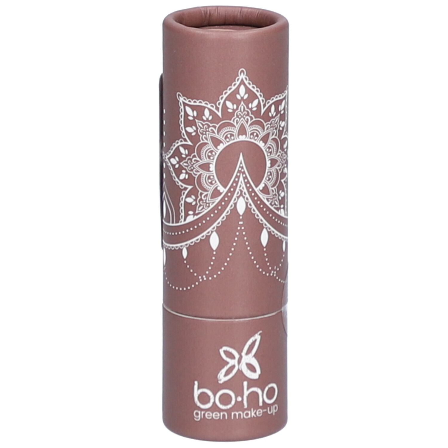 Emballage cylindrique avec motif mandala et logo bo-ho green make-up.
