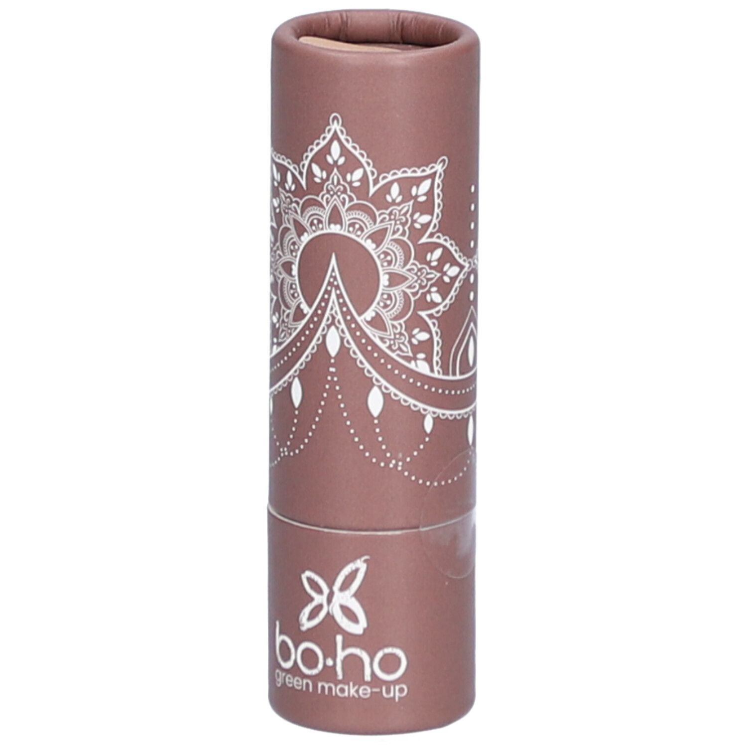 Emballage cylindrique avec motif mandala et logo bo-ho green make-up.