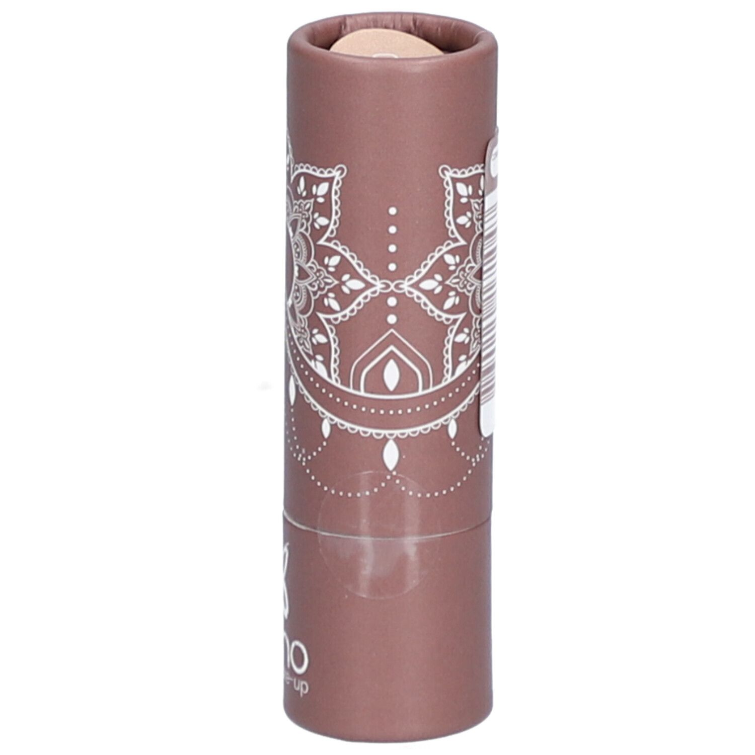 Emballage cylindrique ouvert en haut, avec produit. Motif mandala et logo bo-ho.