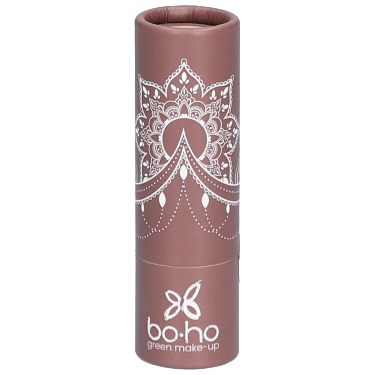 Emballage cylindrique marron avec motif mandala blanc. Logo "bo.ho green make-up" en bas.