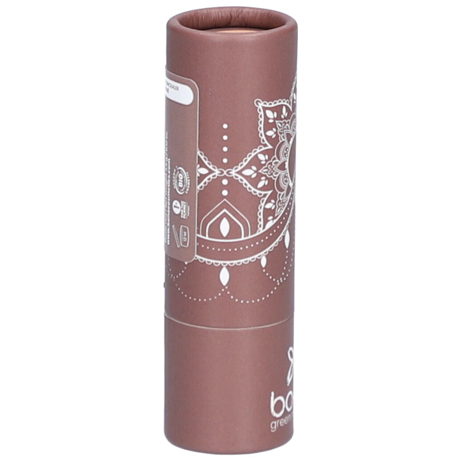 Emballage cylindrique avec motif mandala blanc et étiquette. Logo "bo.ho" en bas.