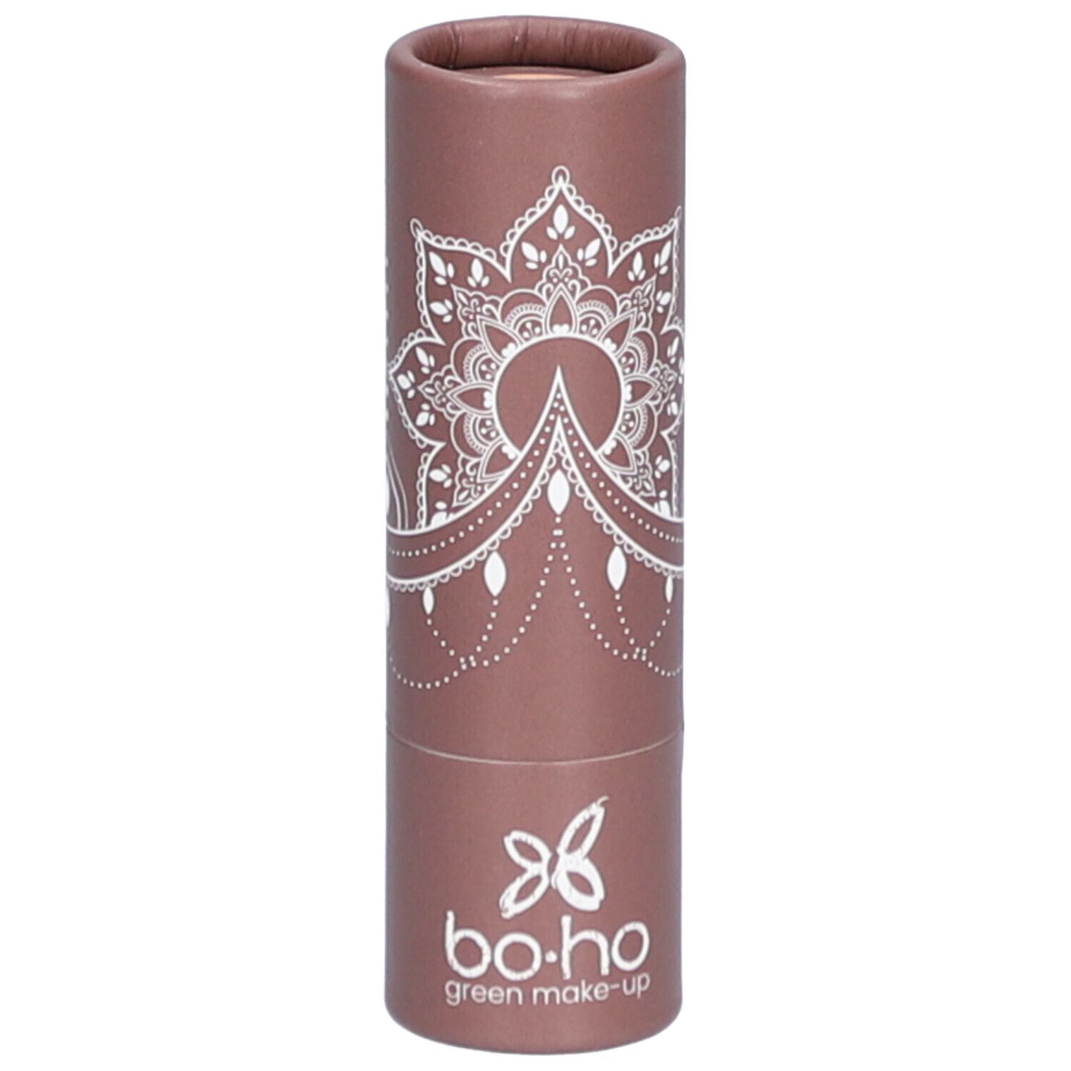 Emballage cylindrique marron avec motif mandala blanc. Logo "bo.ho green make-up" en bas.