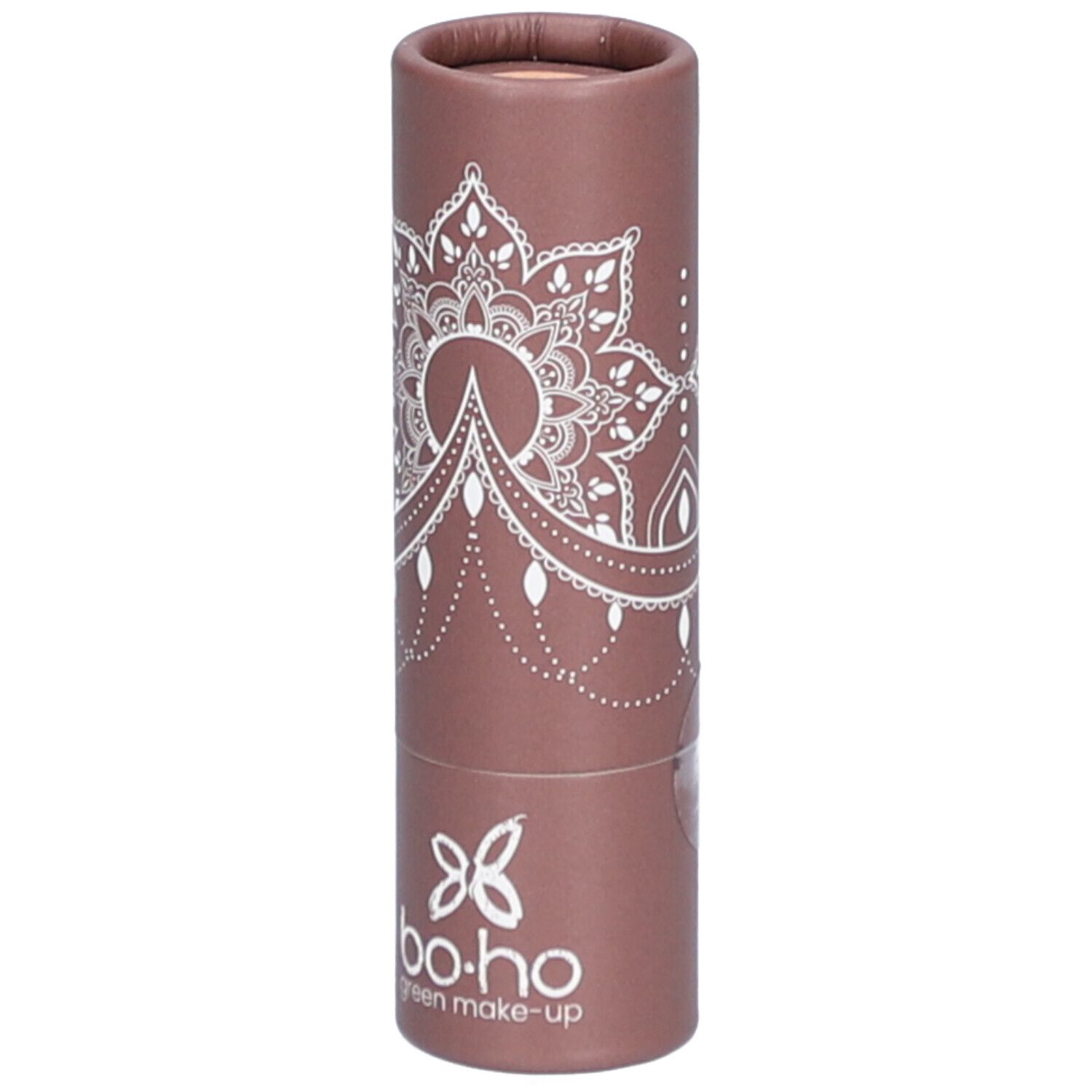 Emballage cylindrique marron avec motif mandala blanc. Logo "bo.ho green make-up" en bas.